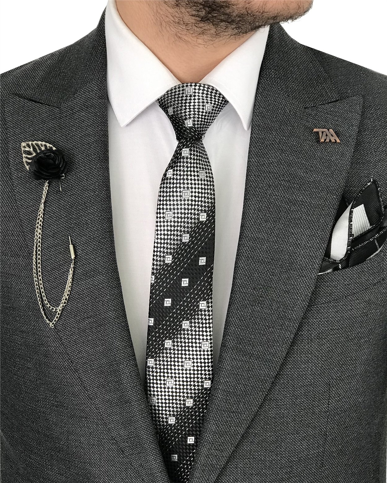 İtalyan stil slim ceket yelek pantolon antrasit  takım elbise T7913