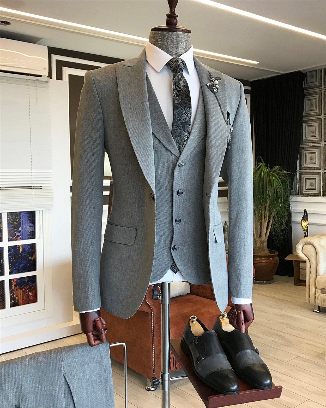 İtalyan stil slim ceket yelek pantolon takım elbise gri T6141