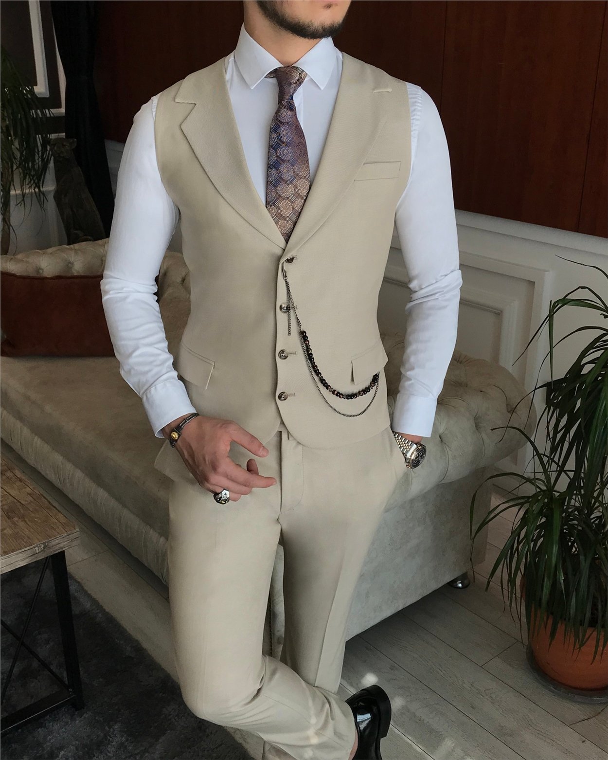 İtalyan stil slim ceket yelek pantolon takım elbise bej T6136