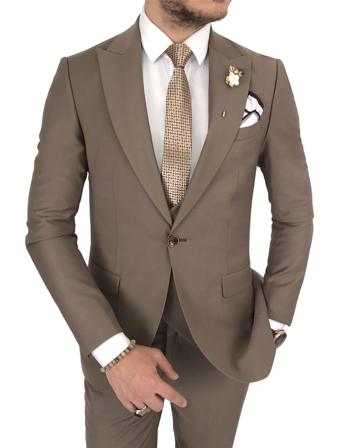 İtalyan stil slim ceket yelek pantolon kahverengi  takım elbise T7911