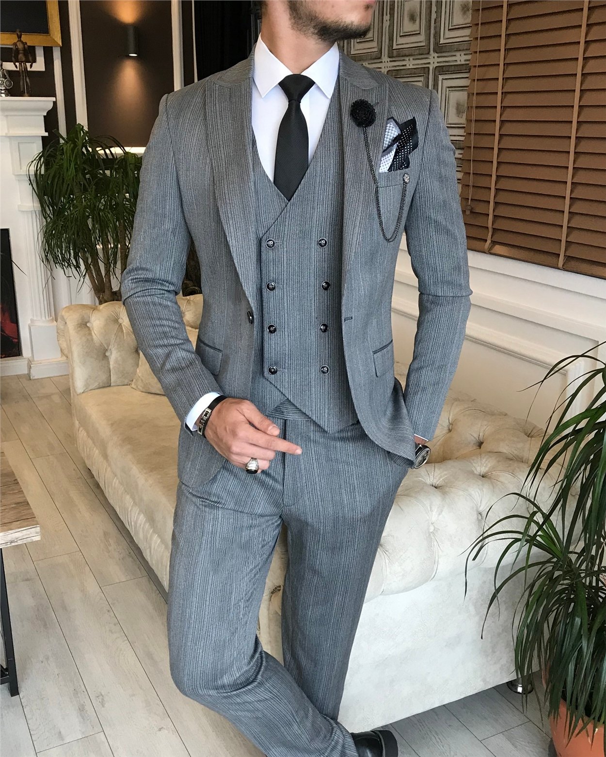 İtalyan stil slim ceket yelek pantolon takım elbise Gri T6166