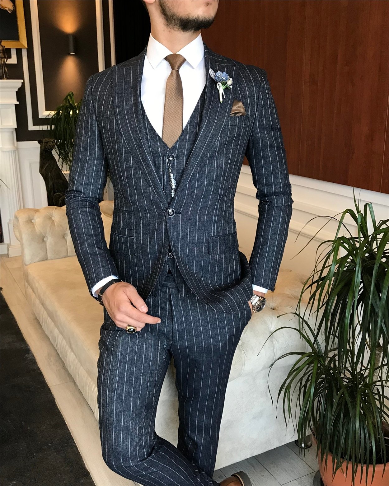 İtalyan stil slim ceket yelek pantolon takım elbise lacivert T6235