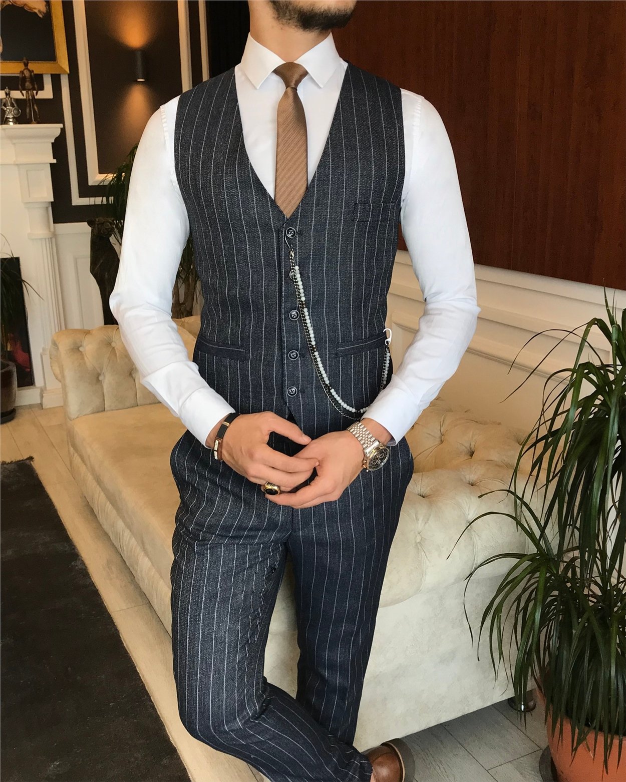 İtalyan stil slim ceket yelek pantolon takım elbise lacivert T6235