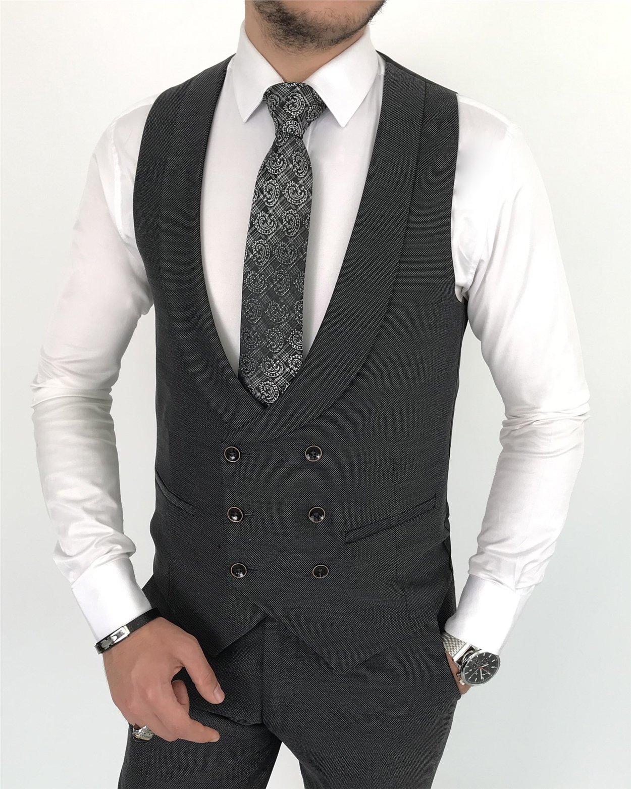 İtalyan stil slim ceket yelek pantolon antrasit  takım elbise T7912