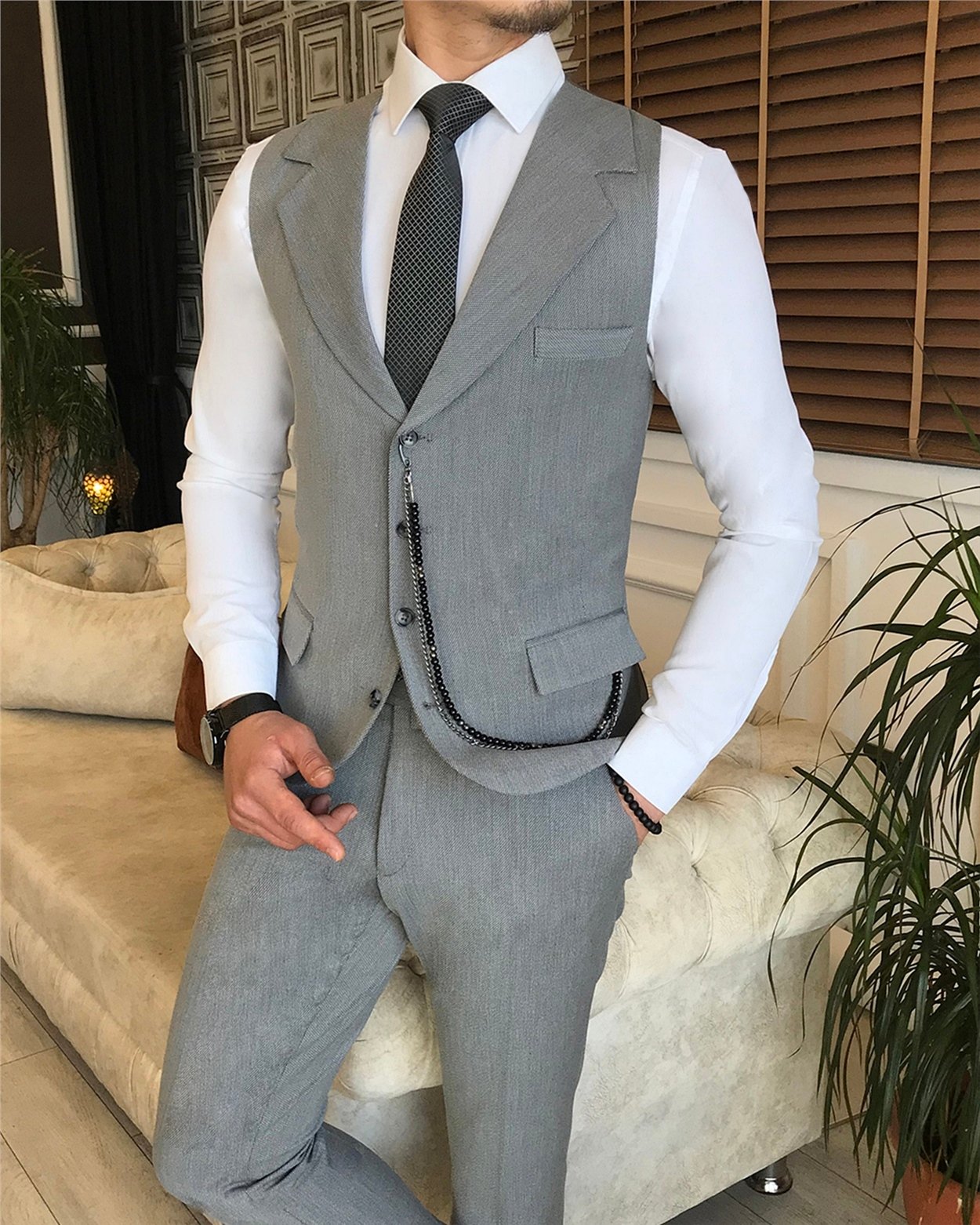 İtalyan stil slim ceket yelek pantolon takım elbise gri T6141