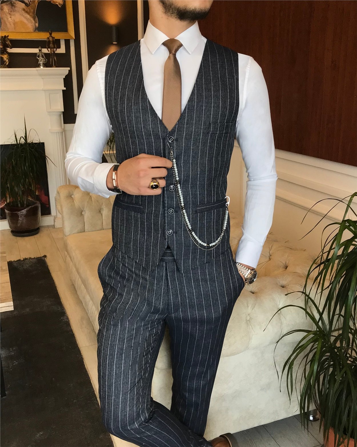 İtalyan stil slim ceket yelek pantolon takım elbise lacivert T6235