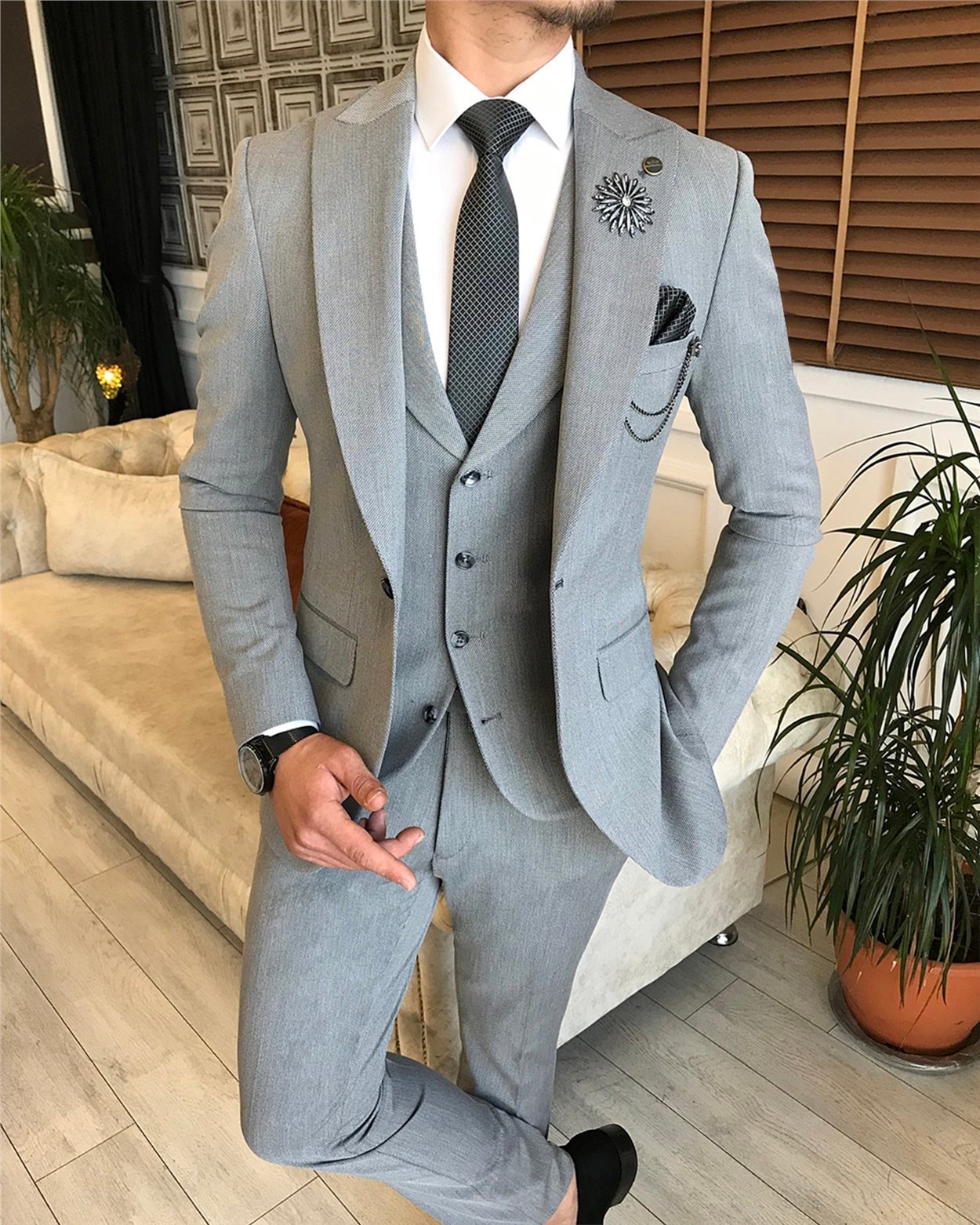 İtalyan stil slim ceket yelek pantolon takım elbise gri T6141