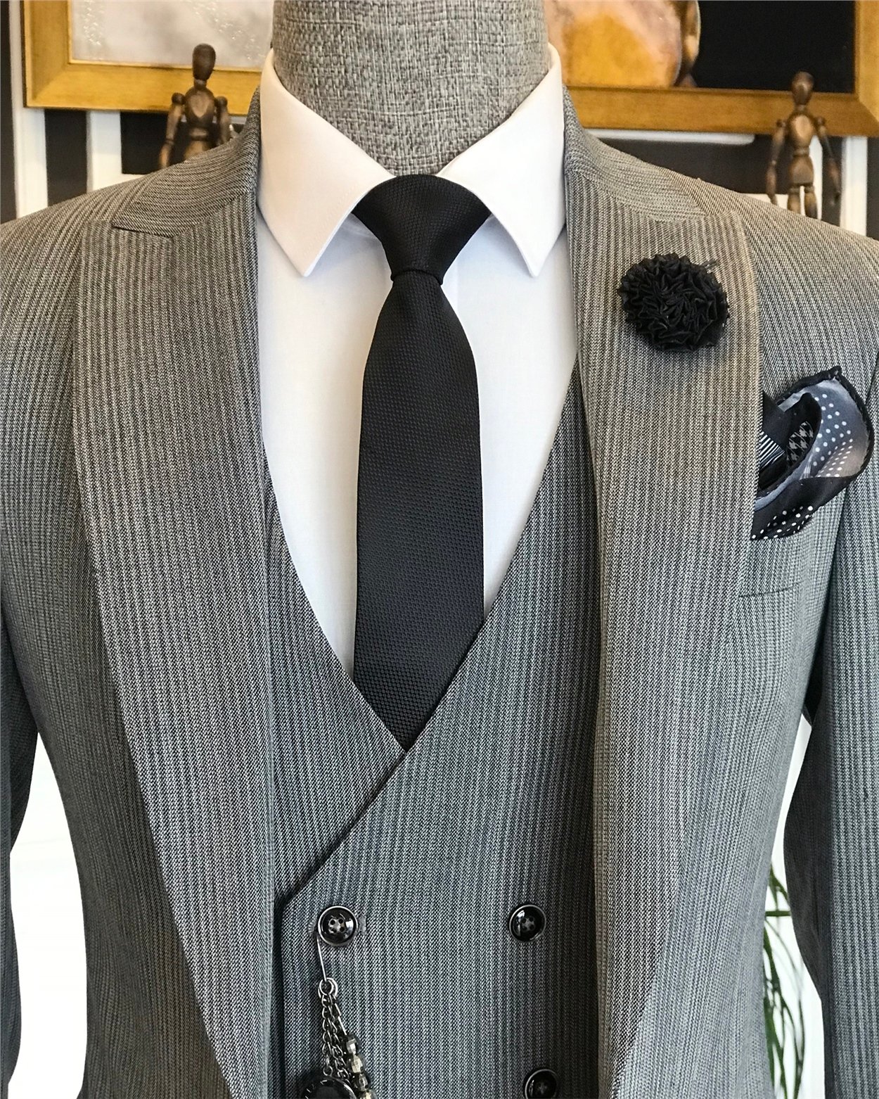 İtalyan stil slim ceket yelek pantolon takım elbise Gri T6166