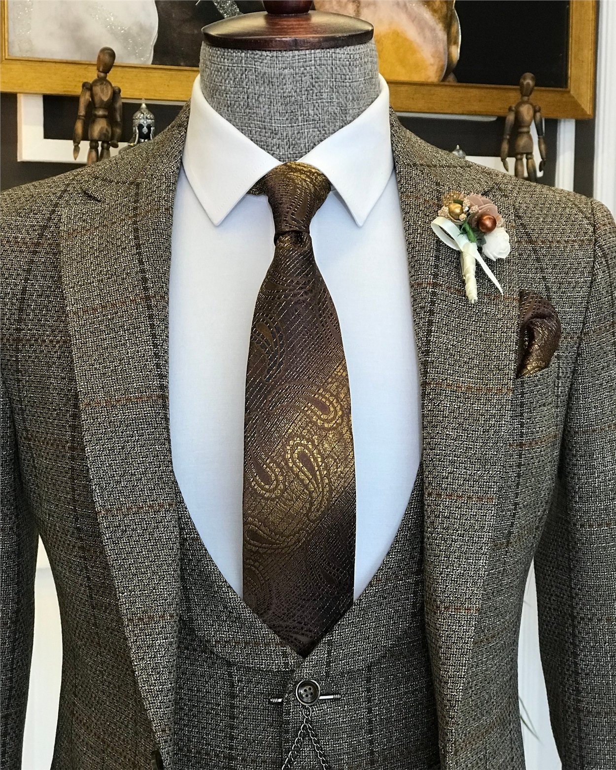 İtalyan stil slim ceket yelek pantolon takım elbise kahverengi T6453
