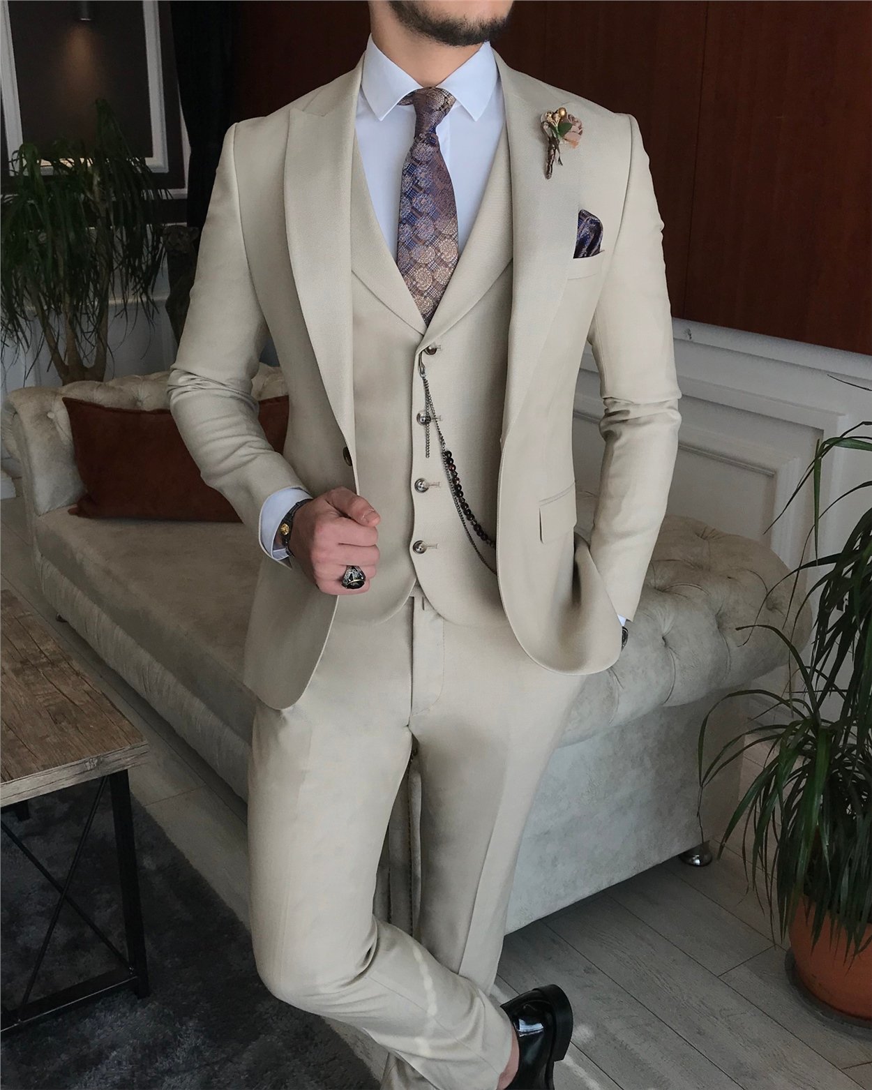 İtalyan stil slim ceket yelek pantolon takım elbise bej T6136