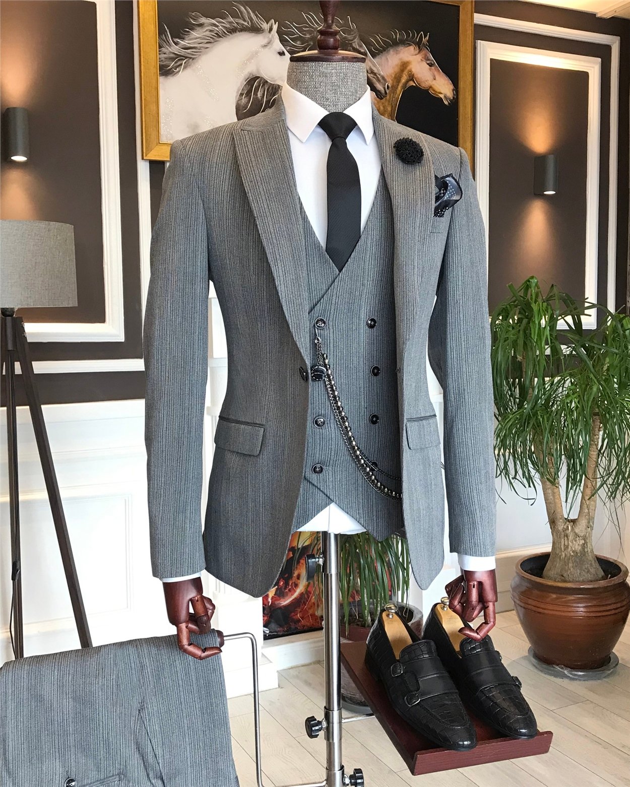 İtalyan stil slim ceket yelek pantolon takım elbise Gri T6166