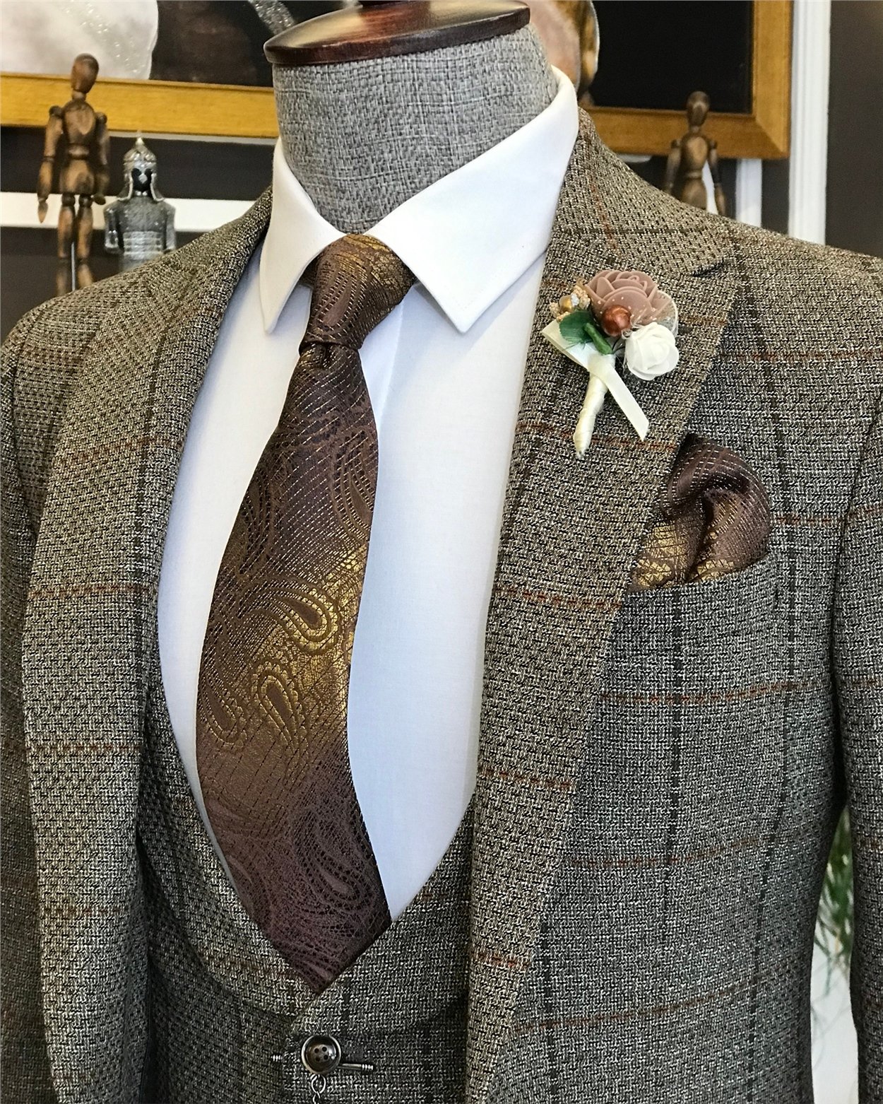 İtalyan stil slim ceket yelek pantolon takım elbise kahverengi T6453