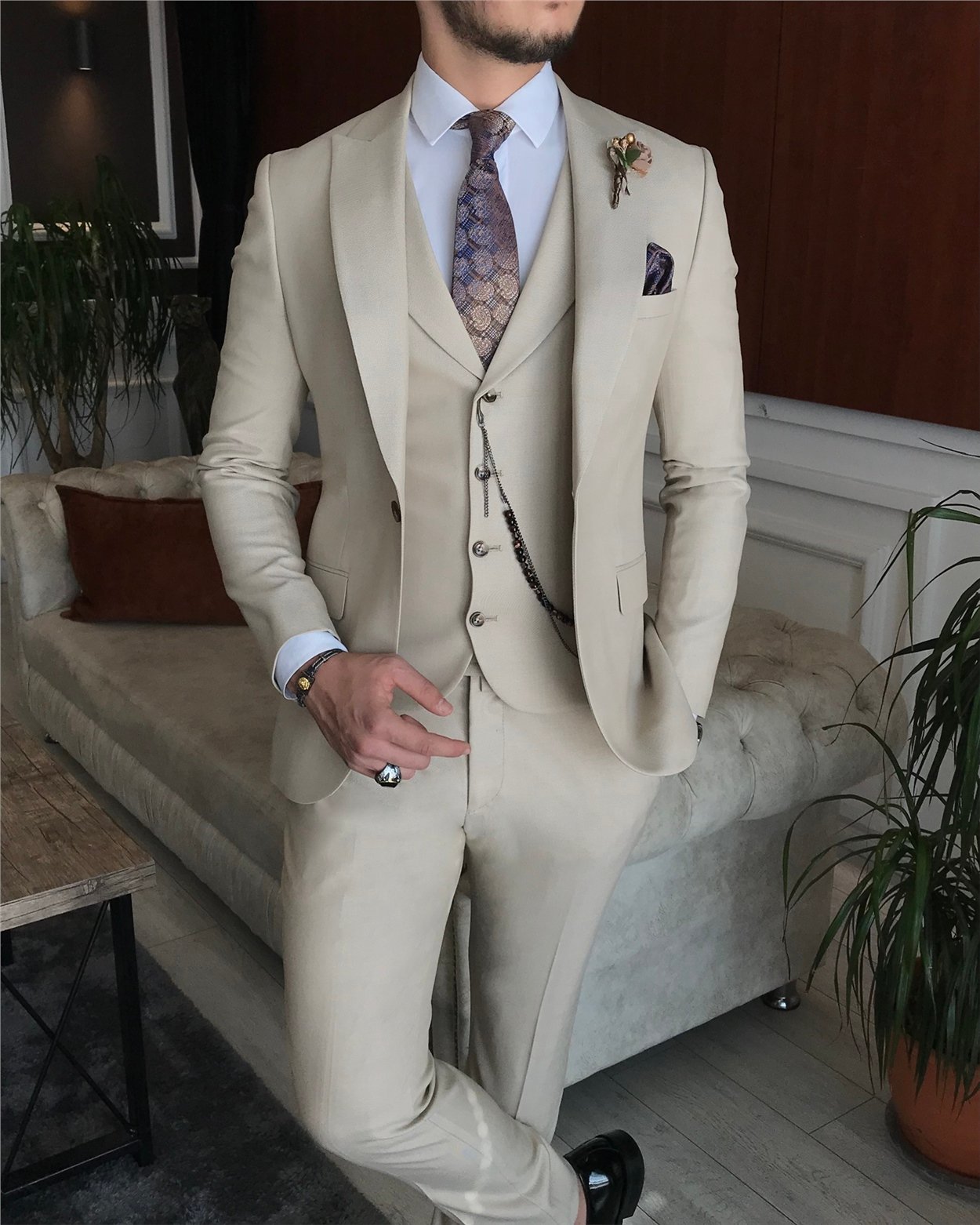 İtalyan stil slim ceket yelek pantolon takım elbise bej T6136