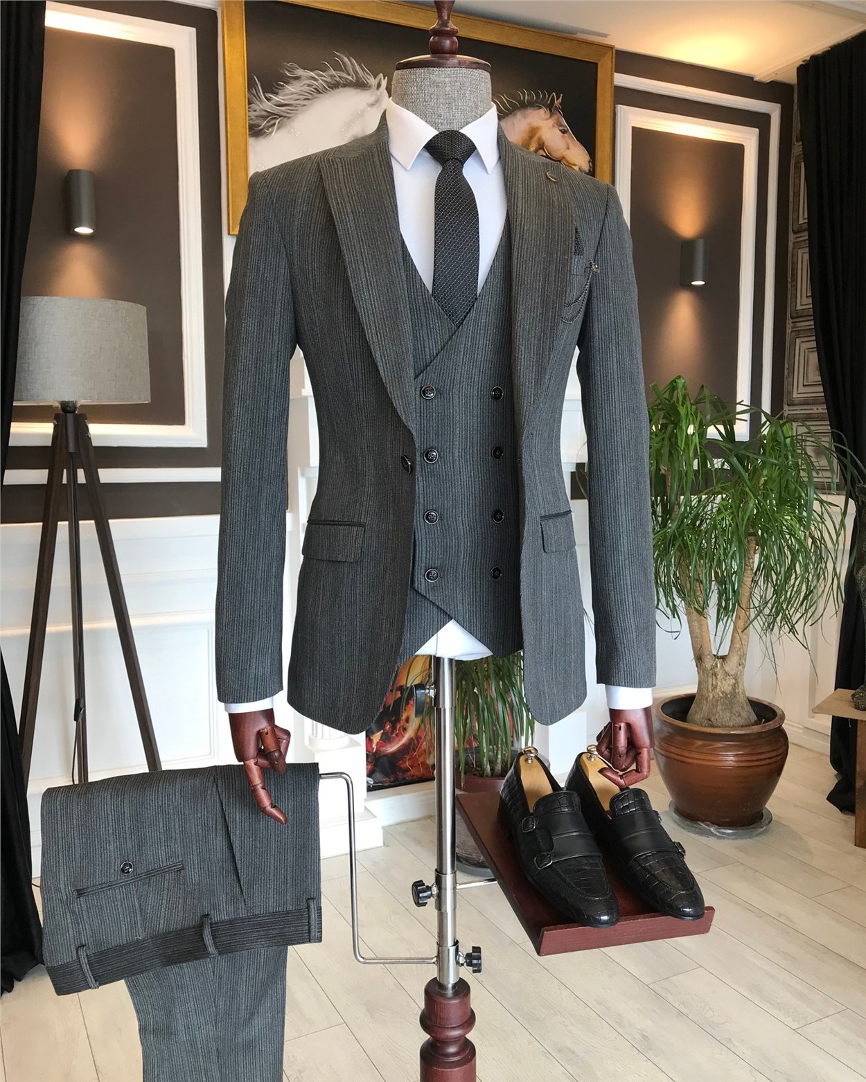 İtalyan stil slim ceket yelek pantolon takım elbise Koyu Gri T6165
