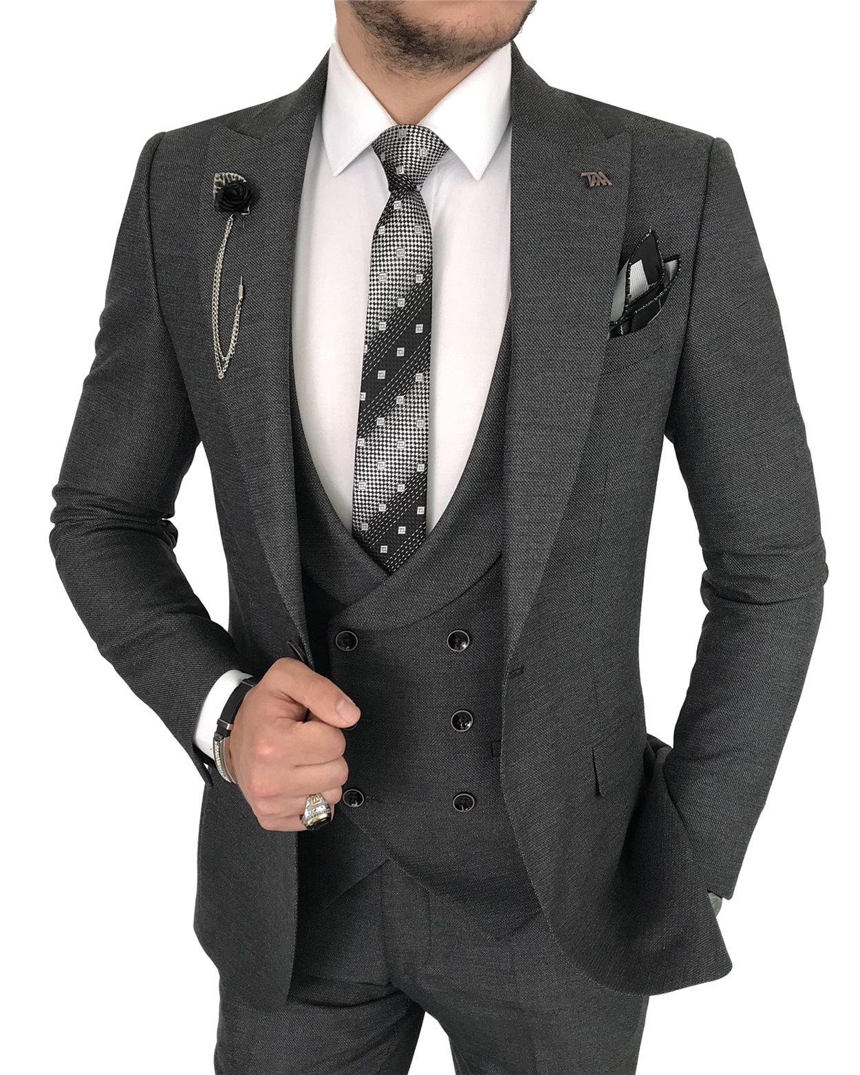 İtalyan stil slim ceket yelek pantolon antrasit  takım elbise T7913