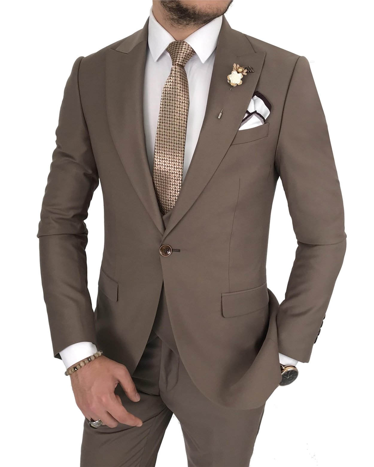 İtalyan stil slim ceket yelek pantolon kahverengi  takım elbise T7911