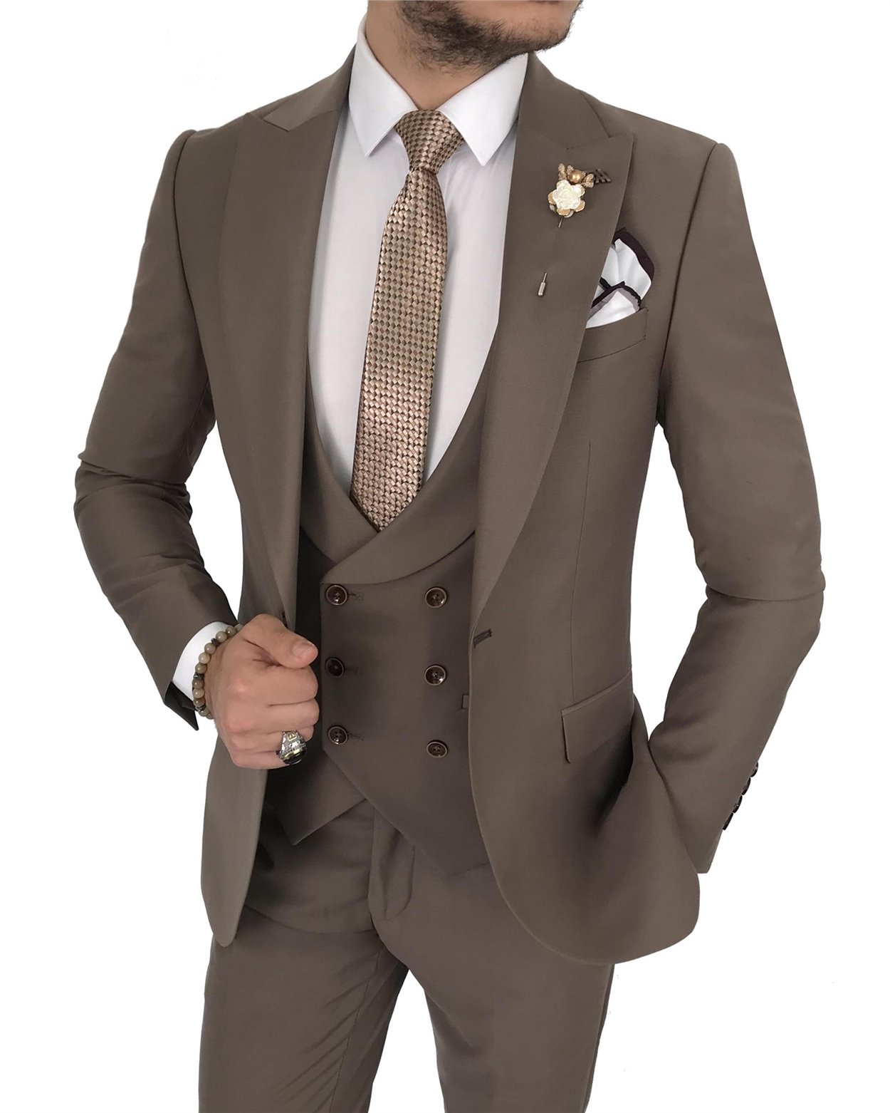 İtalyan stil slim ceket yelek pantolon kahverengi  takım elbise T7911