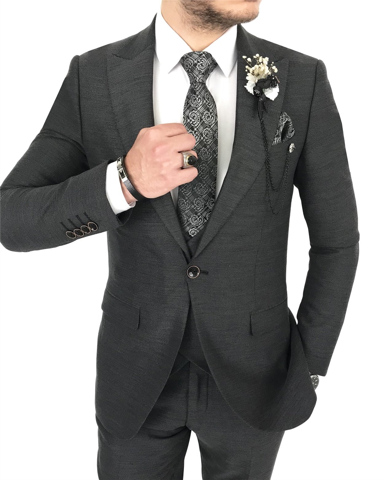 İtalyan stil slim ceket yelek pantolon antrasit  takım elbise T7912