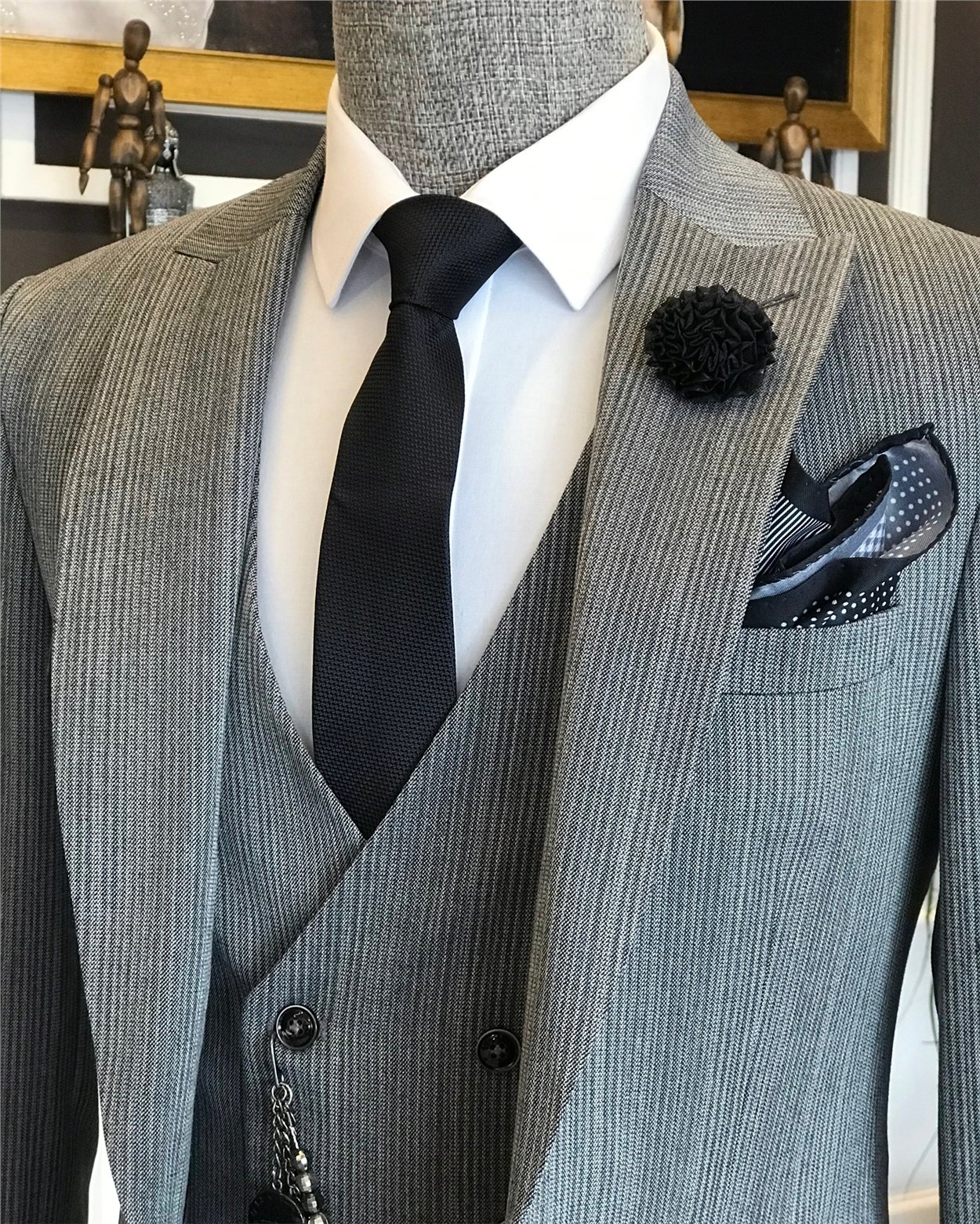 İtalyan stil slim ceket yelek pantolon takım elbise Gri T6166