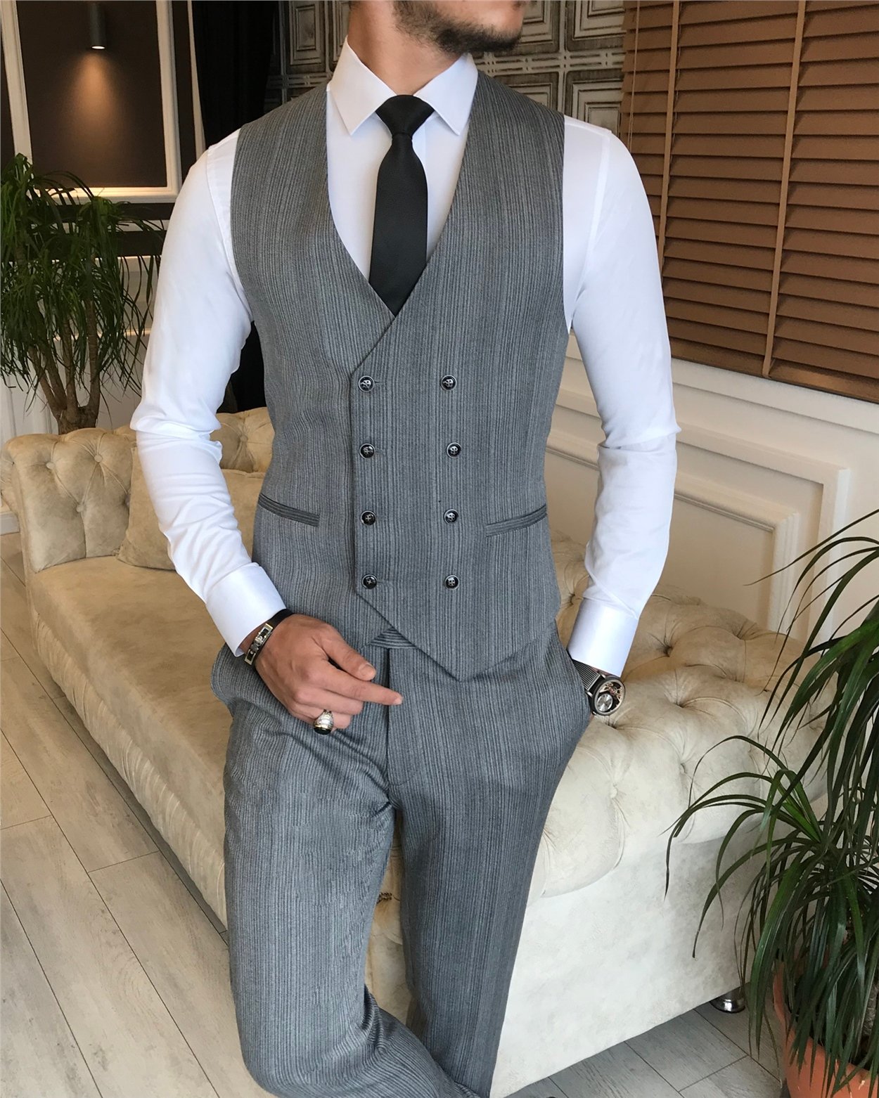 İtalyan stil slim ceket yelek pantolon takım elbise Gri T6166
