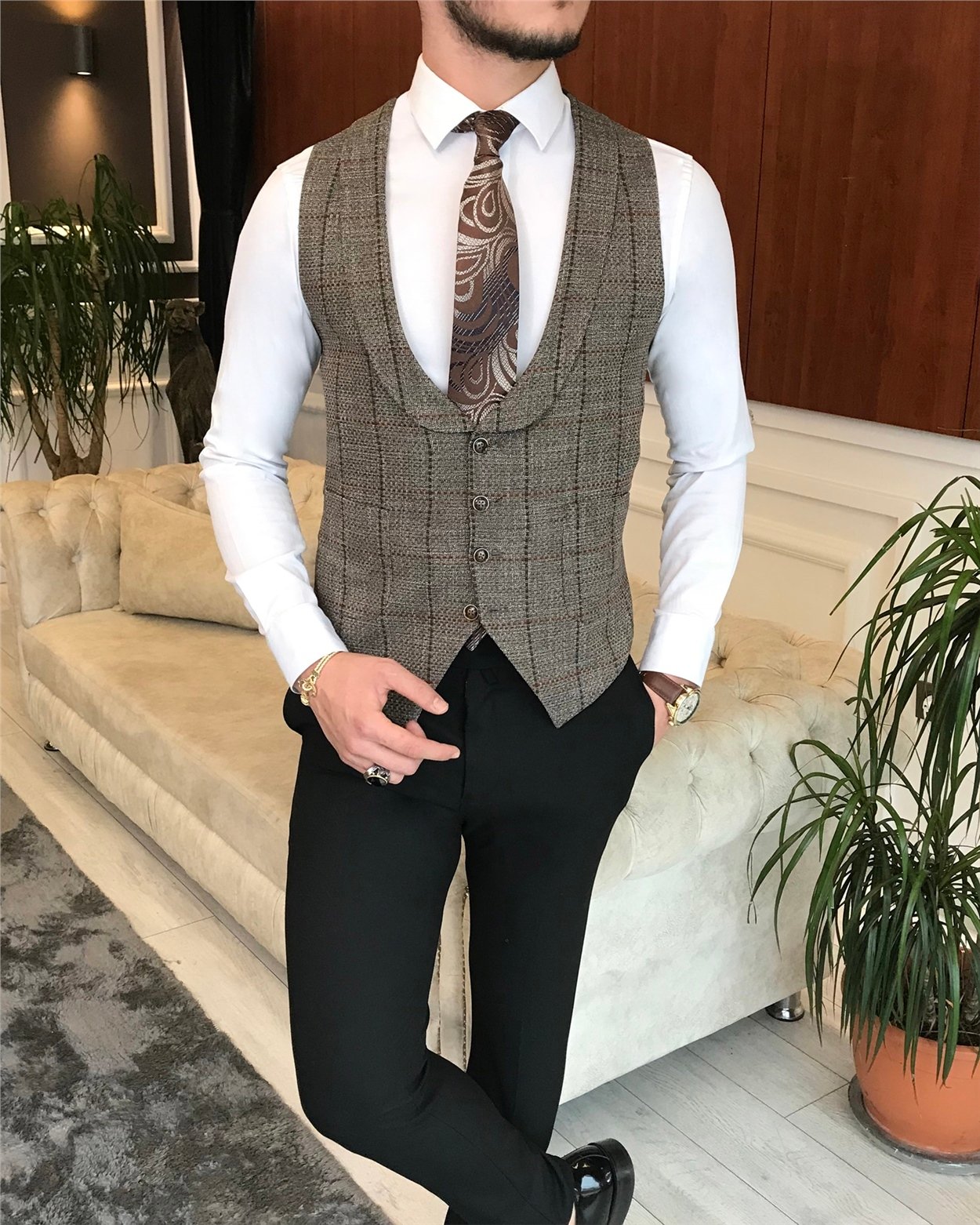 İtalyan stil slim ceket yelek pantolon takım elbise kahverengi T6453
