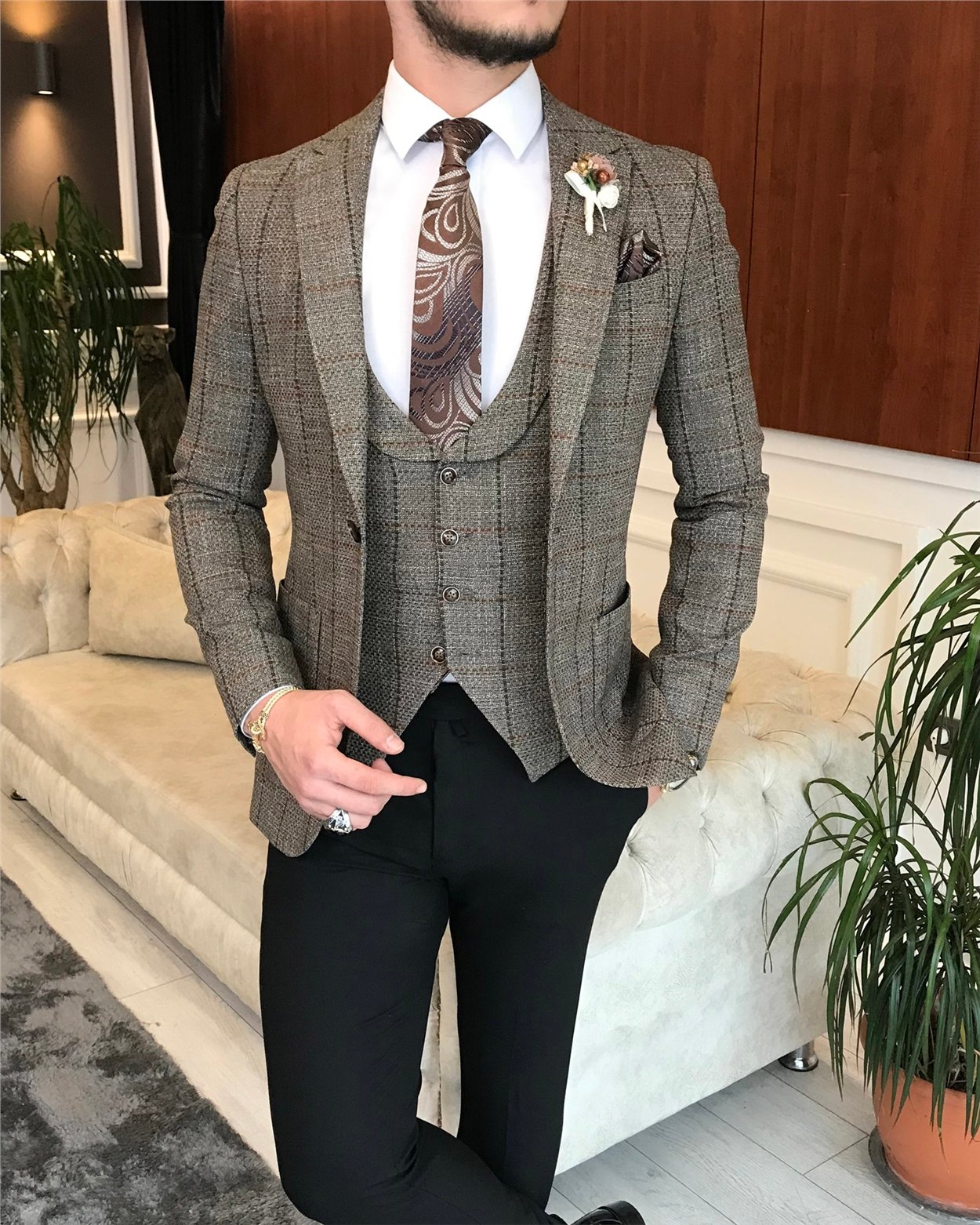 İtalyan stil slim ceket yelek pantolon takım elbise kahverengi T6453