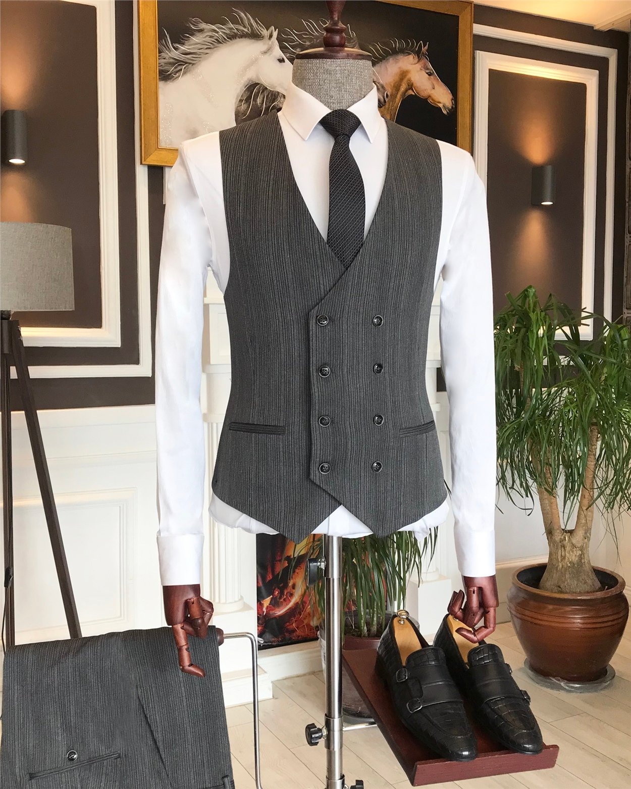 İtalyan stil slim ceket yelek pantolon takım elbise Koyu Gri T6165