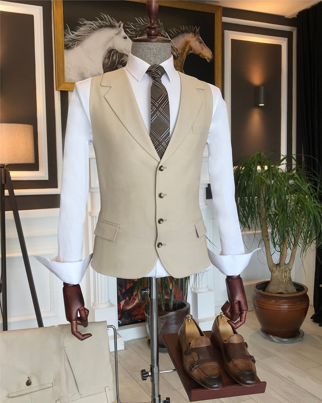 İtalyan stil slim ceket yelek pantolon takım elbise bej T6136