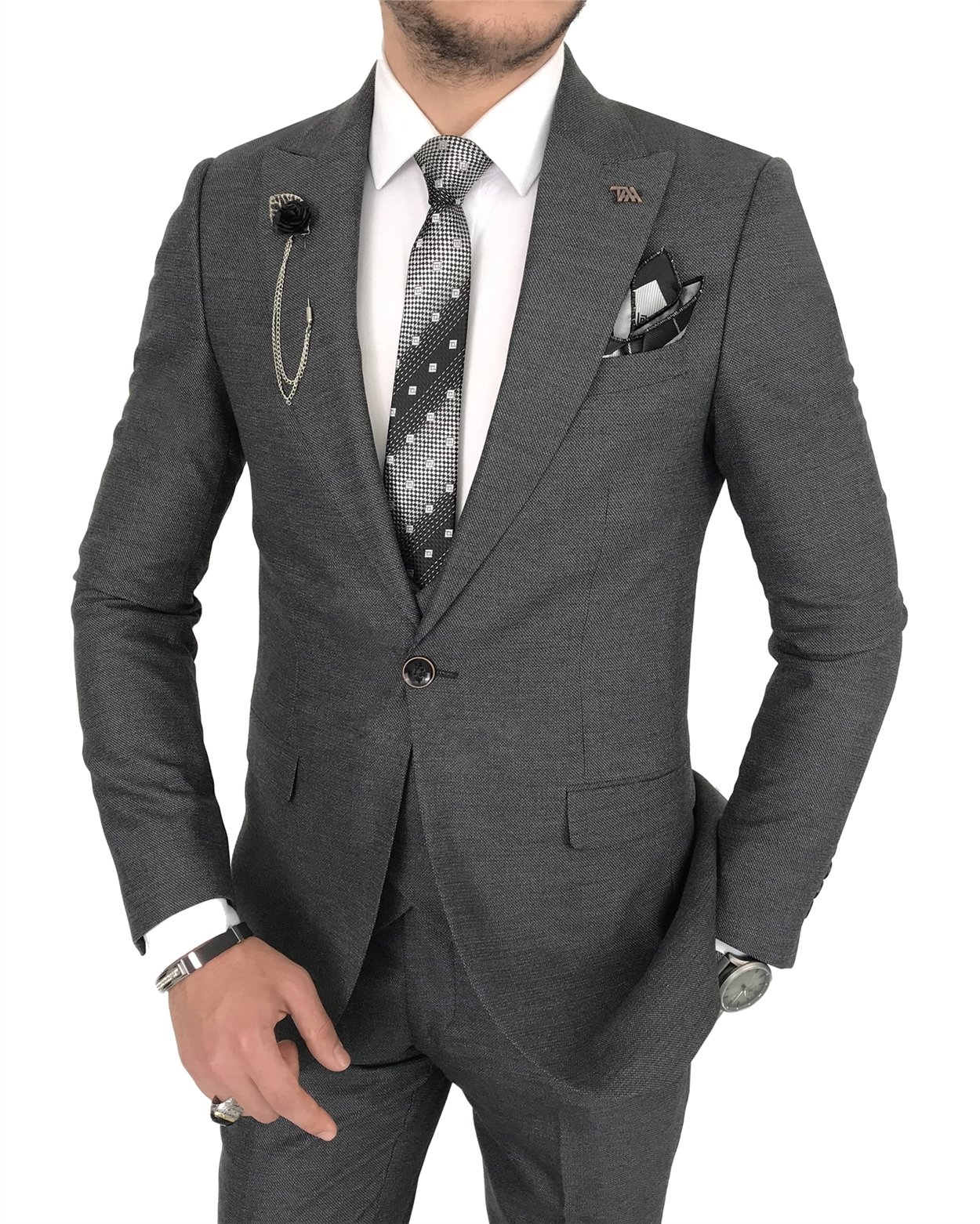 İtalyan stil slim ceket yelek pantolon antrasit  takım elbise T7913