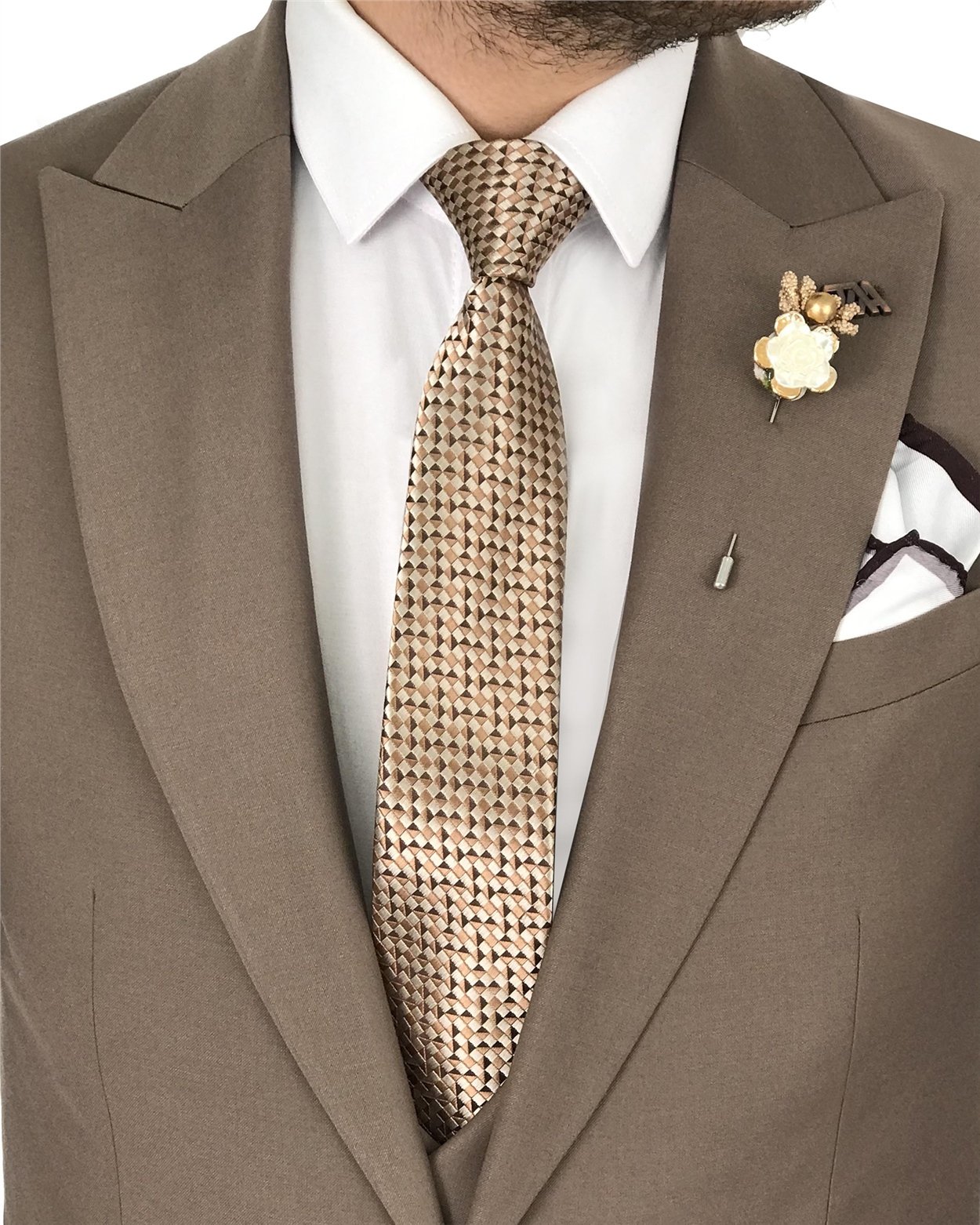 İtalyan stil slim ceket yelek pantolon kahverengi  takım elbise T7911