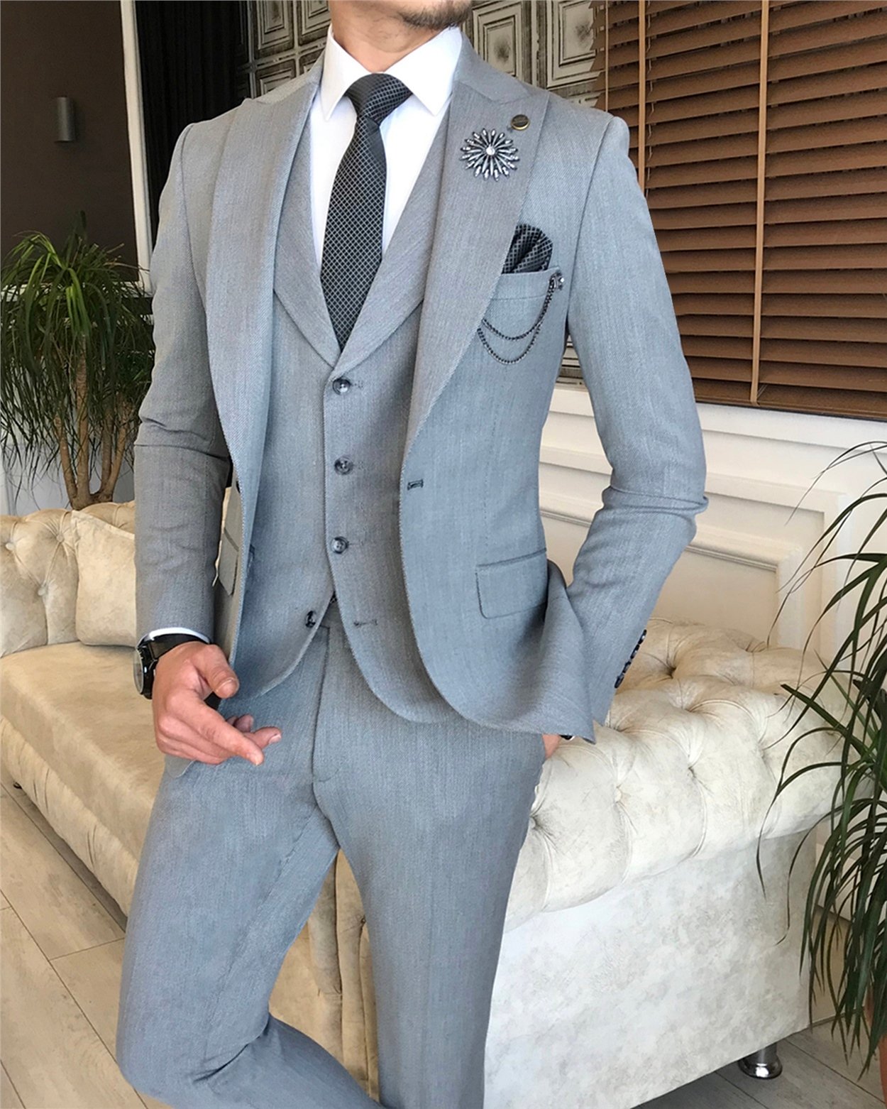 İtalyan stil slim ceket yelek pantolon takım elbise gri T6141