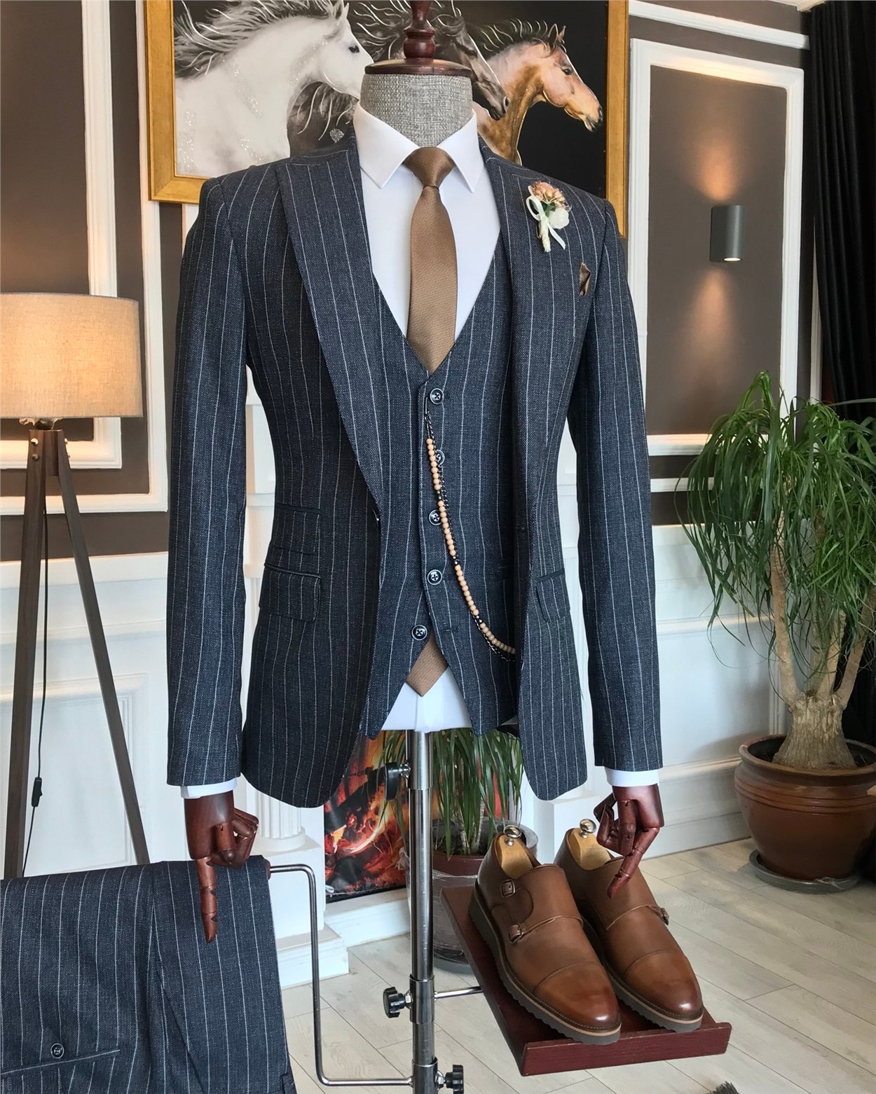 İtalyan stil slim ceket yelek pantolon takım elbise lacivert T6235