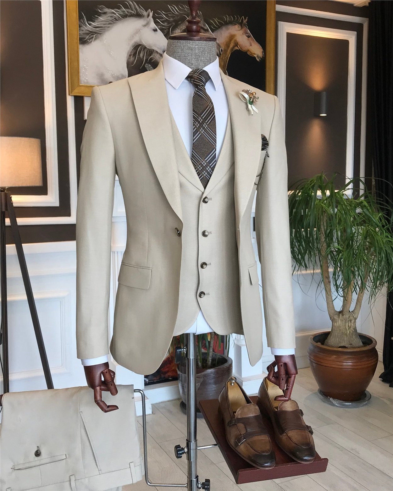 İtalyan stil slim ceket yelek pantolon takım elbise bej T6136