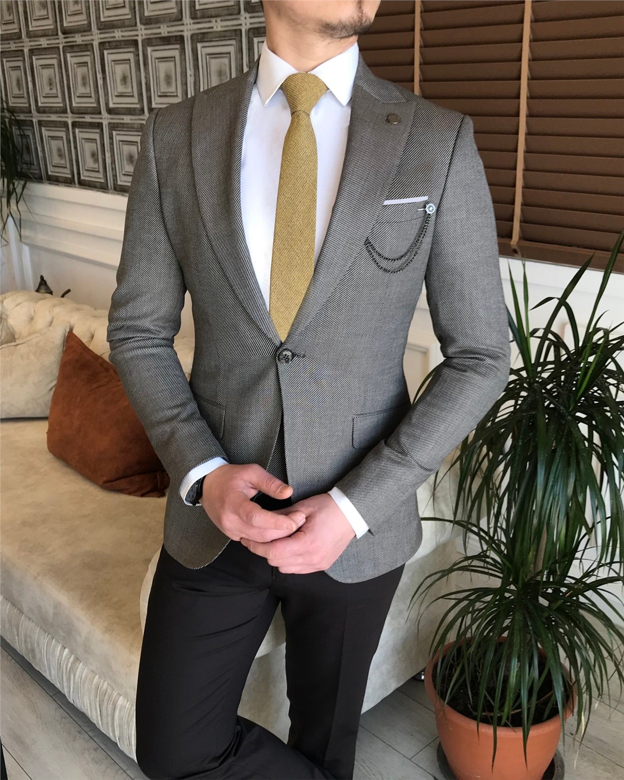 İtalyan stil slim ceket yelek pantolon kombin Bej T4156