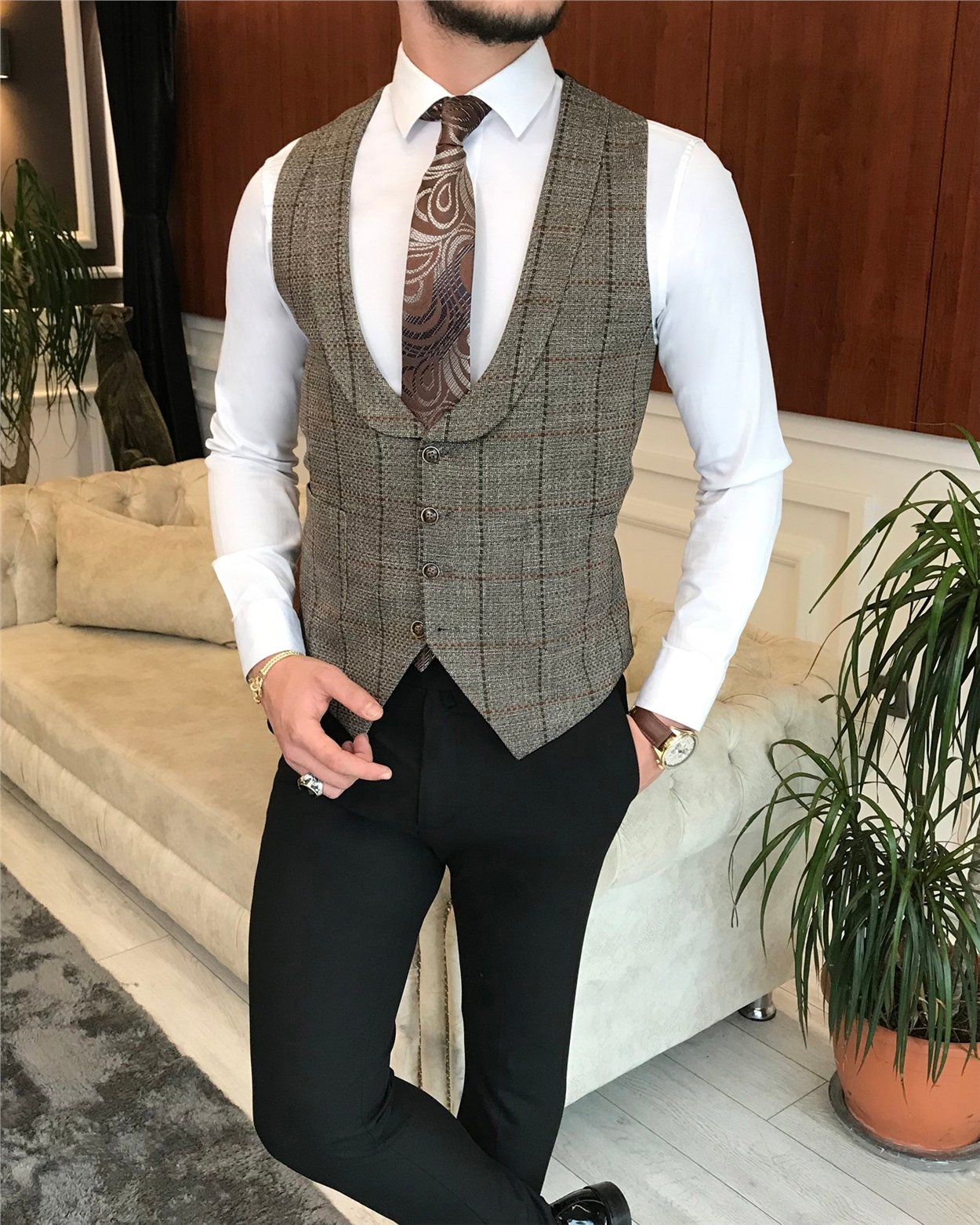 İtalyan stil slim ceket yelek pantolon takım elbise kahverengi T6453