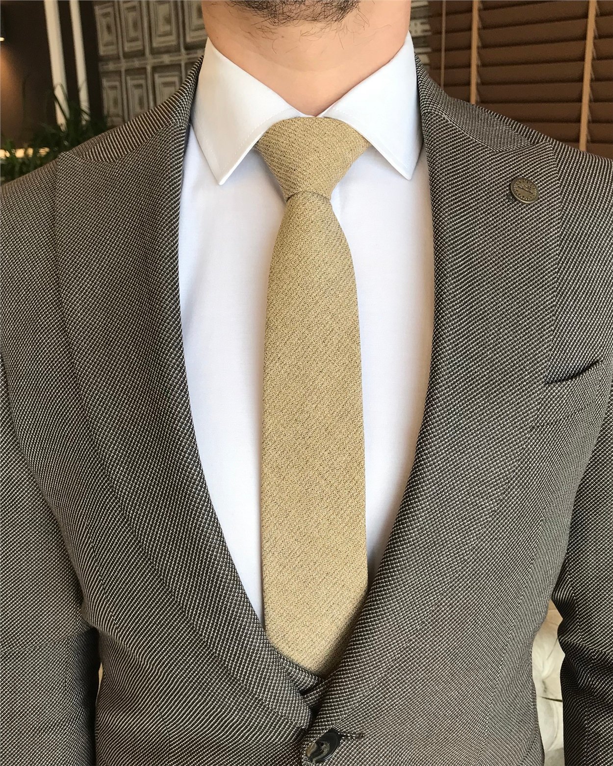 İtalyan stil slim ceket yelek pantolon kombin Bej T4156