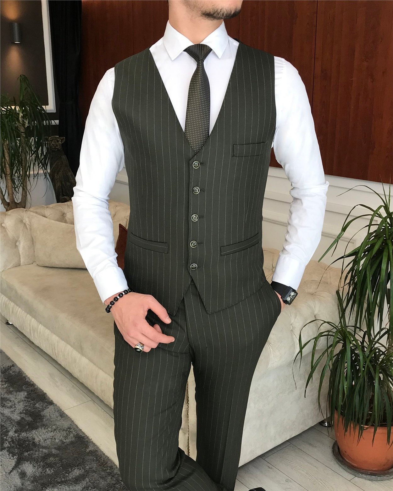İtalyan stil slim çizgili ceket yelek pantolon takım elbise yeşil T6630