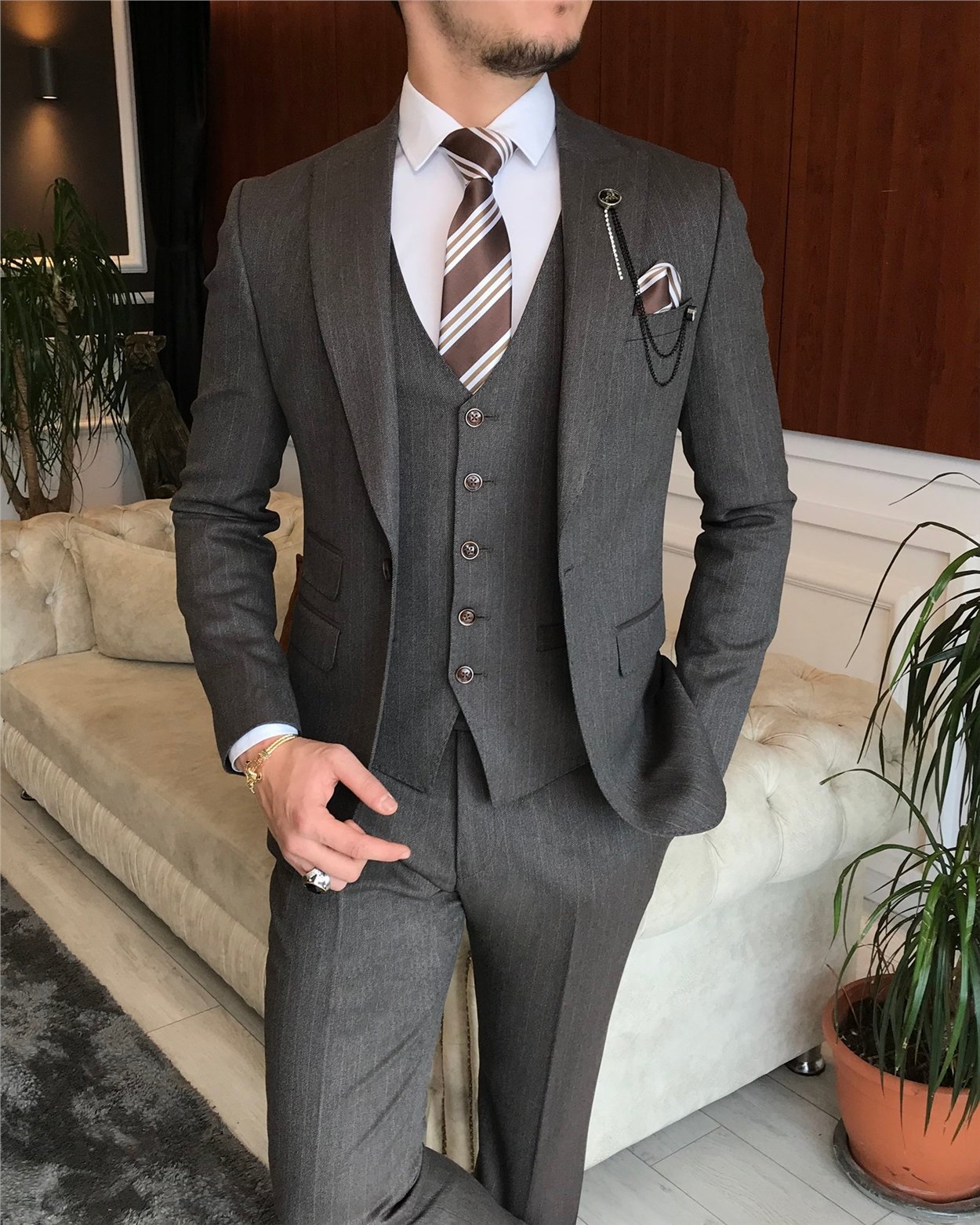 İtalyan stil slim çizgili ceket yelek pantolon takım elbise Kahverengi T6649