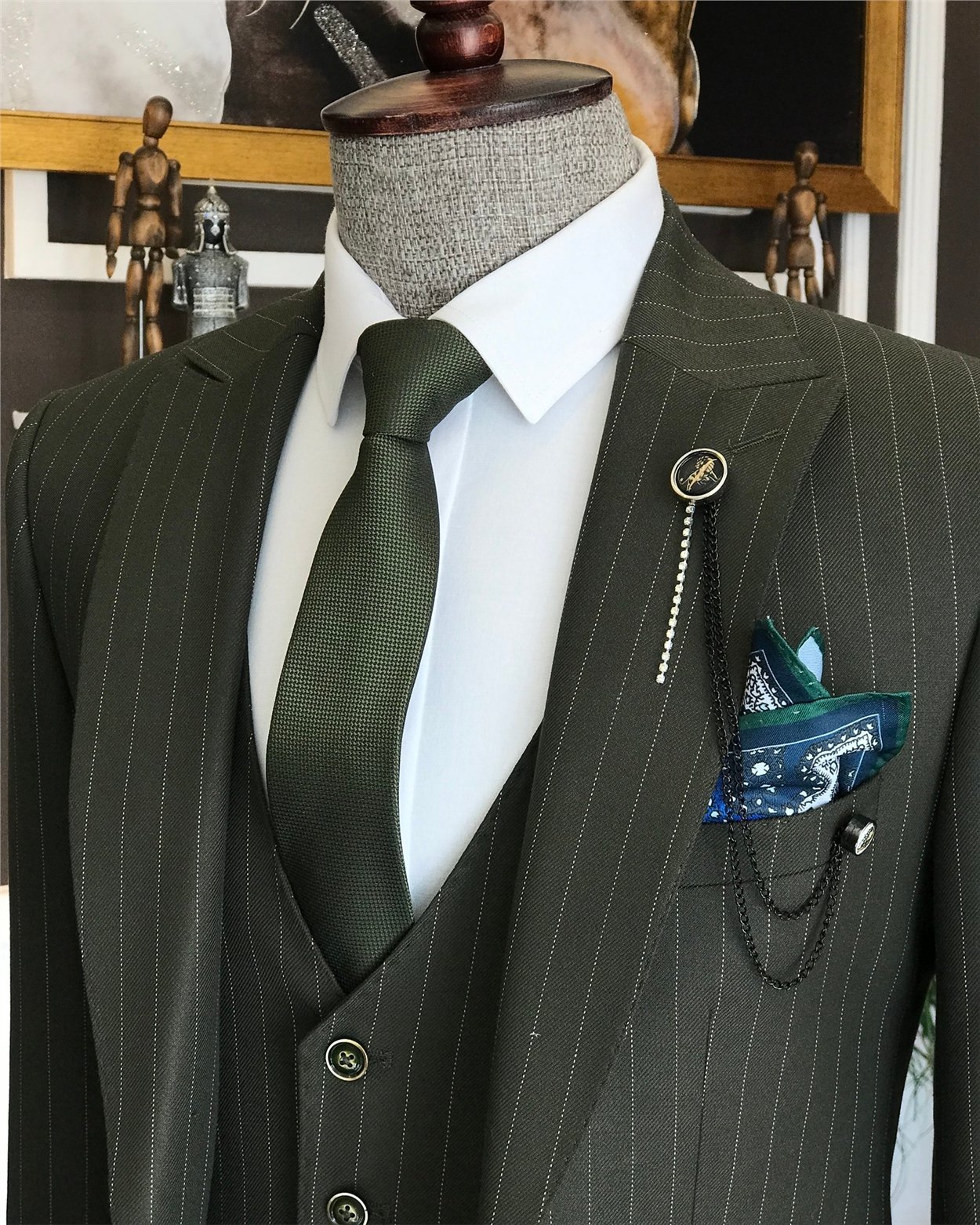 İtalyan stil slim çizgili ceket yelek pantolon takım elbise yeşil T6630