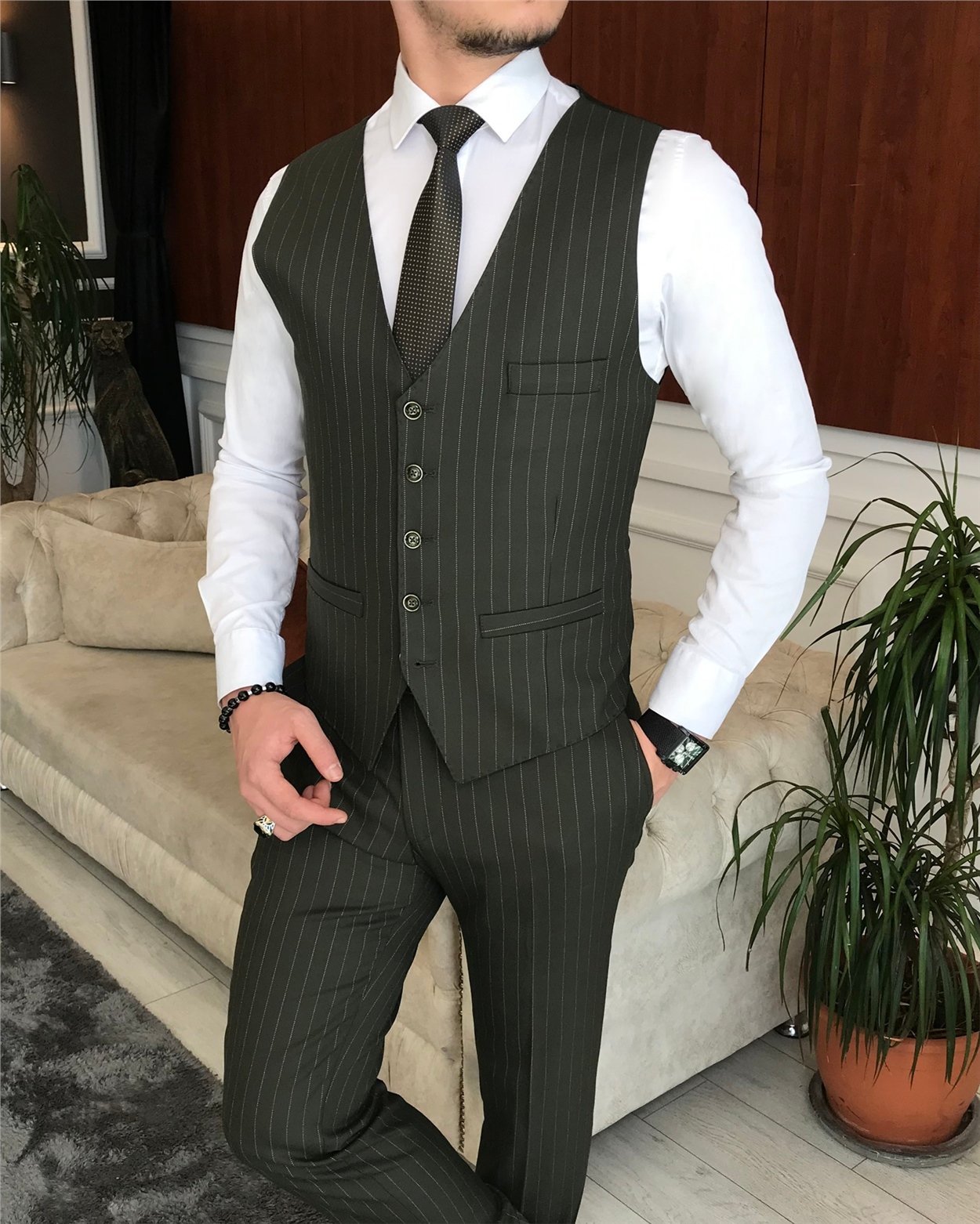 İtalyan stil slim çizgili ceket yelek pantolon takım elbise yeşil T6630