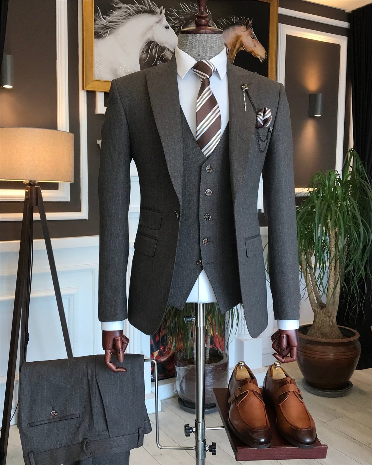 İtalyan stil slim çizgili ceket yelek pantolon takım elbise Kahverengi T6649