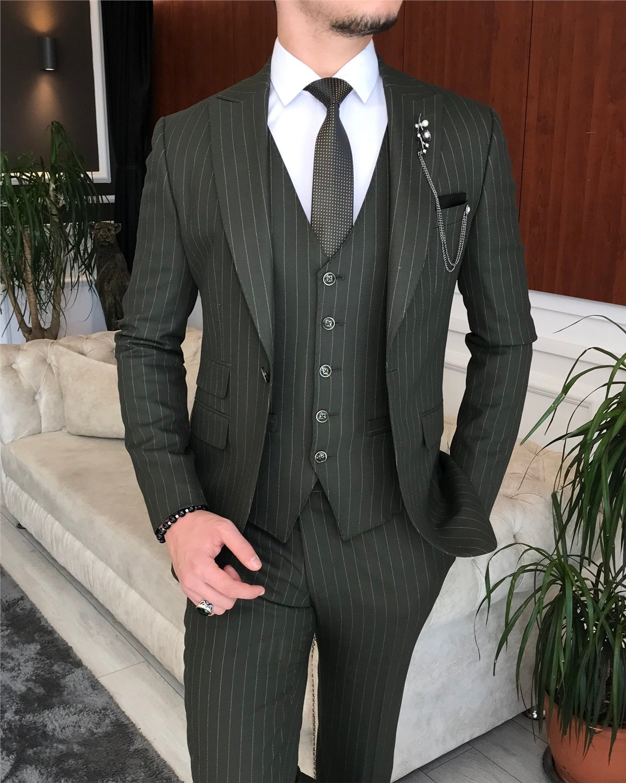 İtalyan stil slim çizgili ceket yelek pantolon takım elbise yeşil T6630
