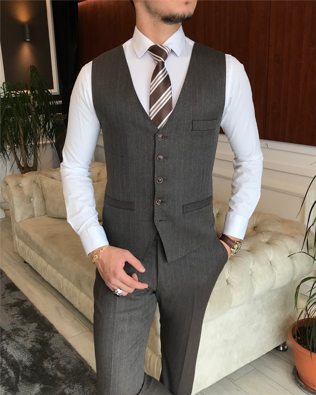 İtalyan stil slim çizgili ceket yelek pantolon takım elbise Kahverengi T6649