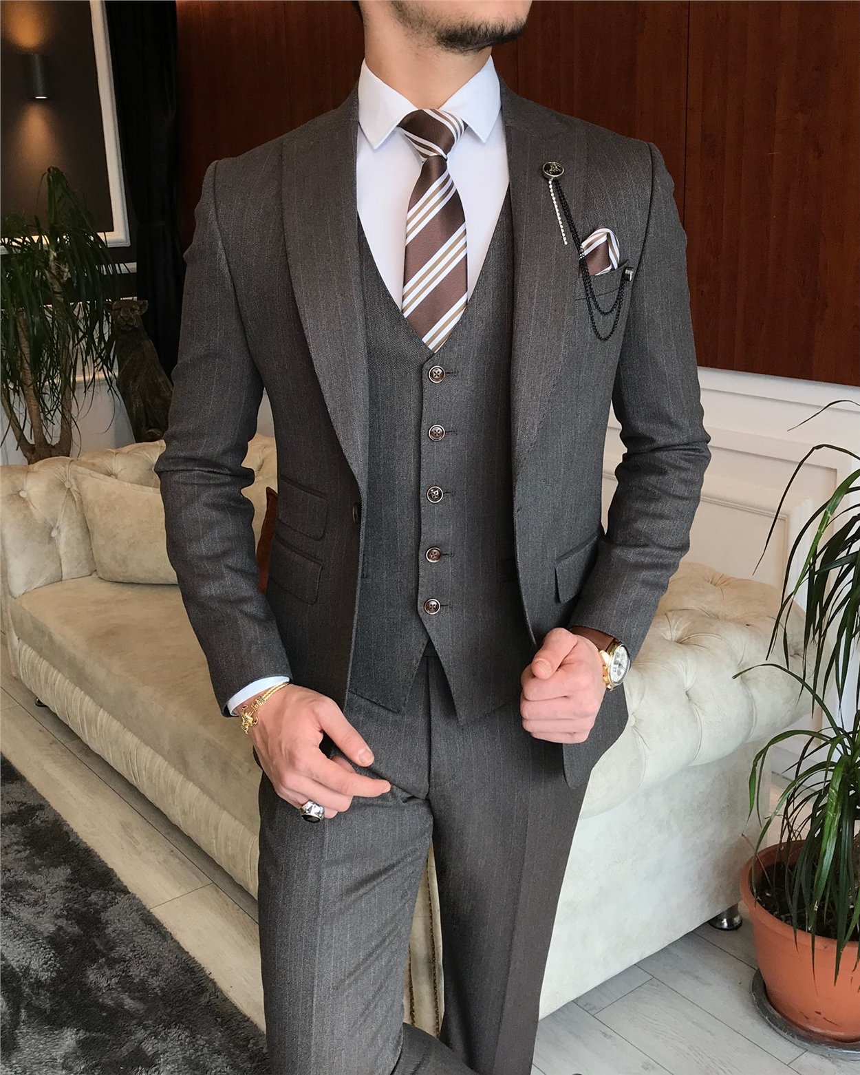 İtalyan stil slim çizgili ceket yelek pantolon takım elbise Kahverengi T6649