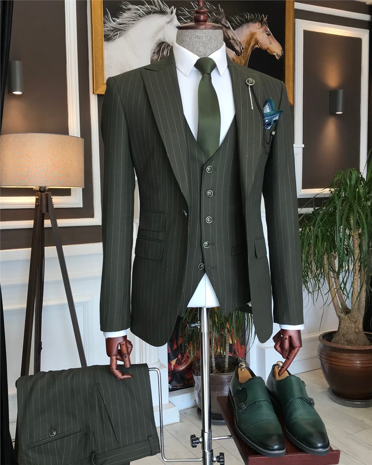 İtalyan stil slim çizgili ceket yelek pantolon takım elbise yeşil T6630