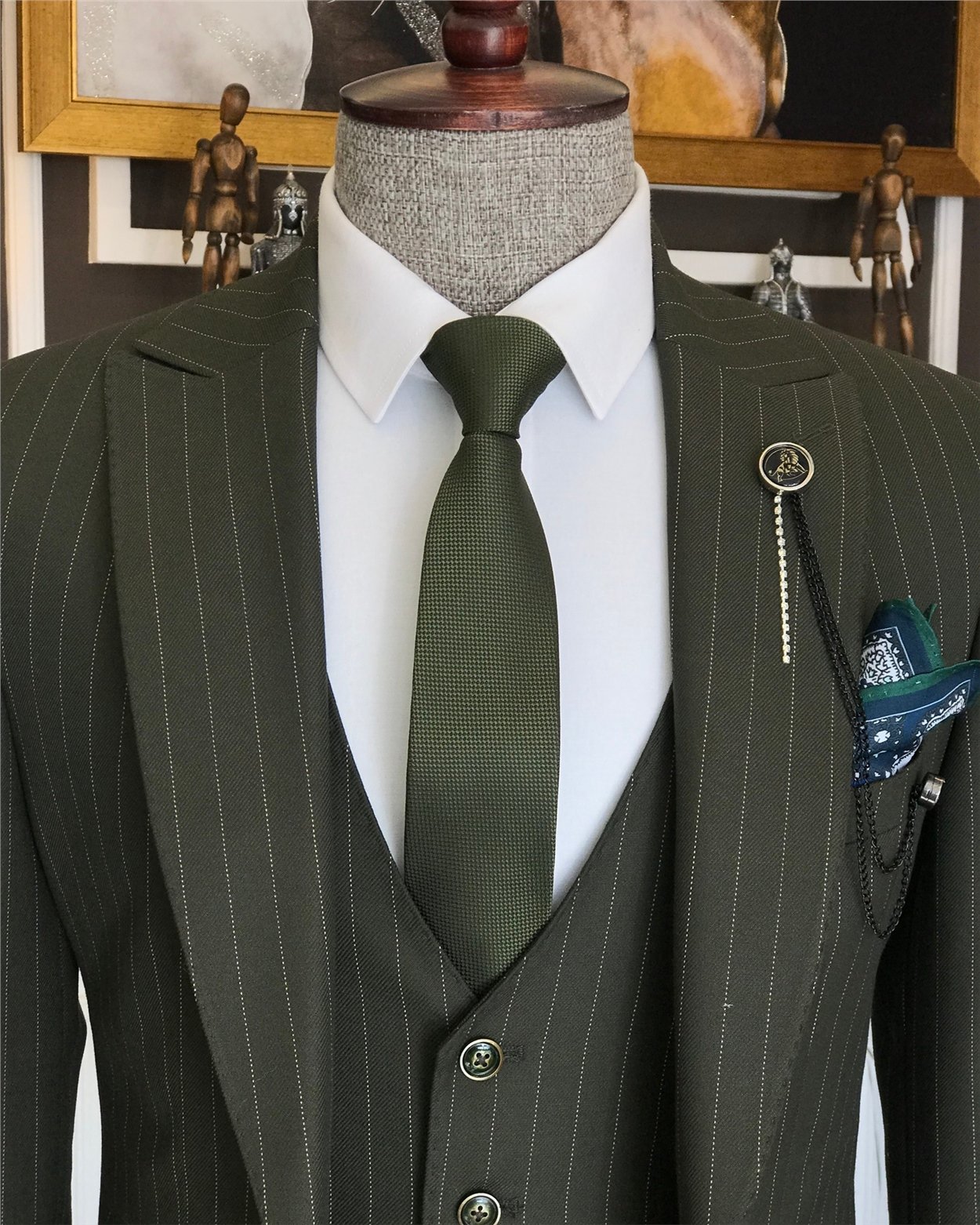 İtalyan stil slim çizgili ceket yelek pantolon takım elbise yeşil T6630