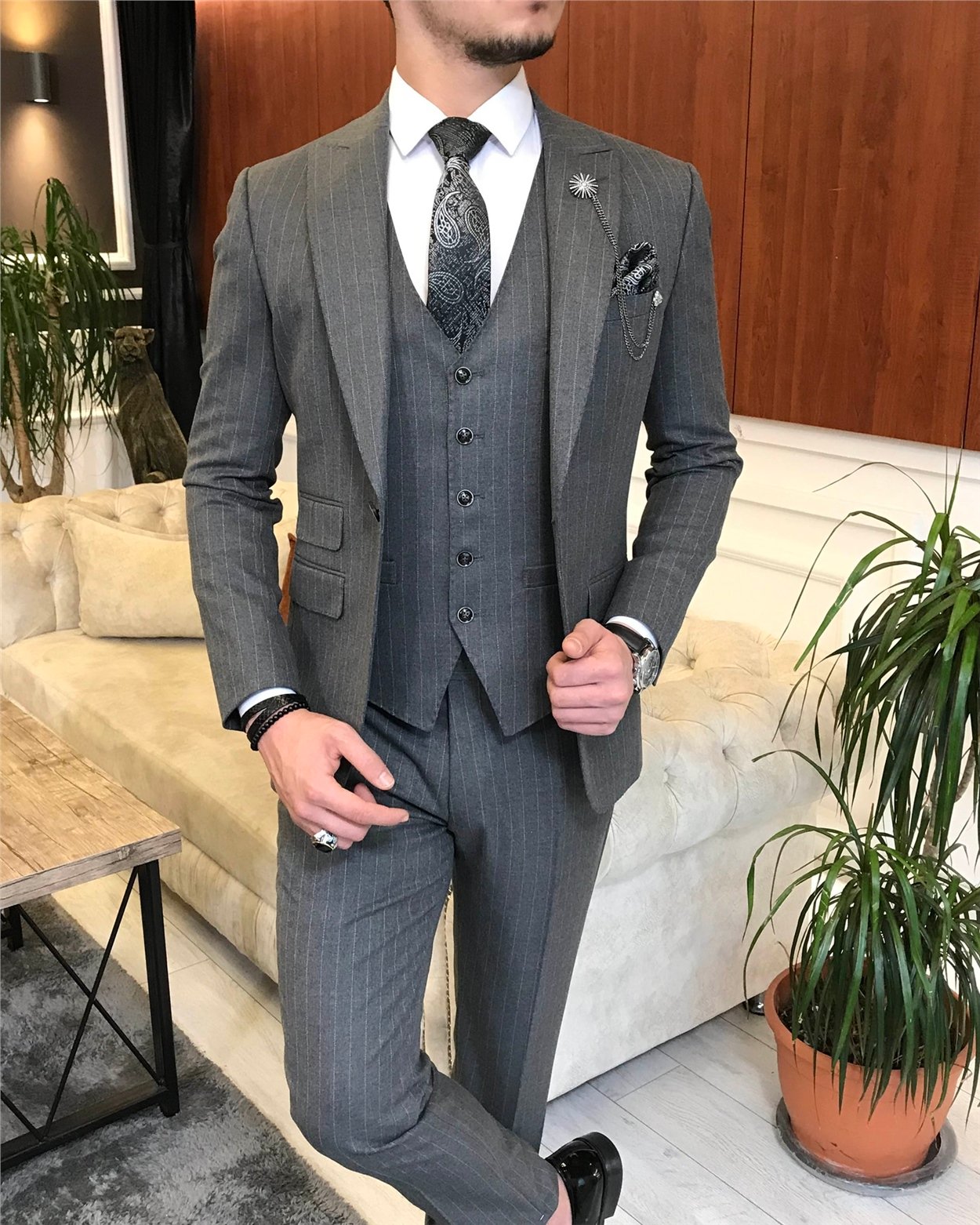 İtalyan stil slim çizgili ceket yelek pantolon takım elbise Gri T6650