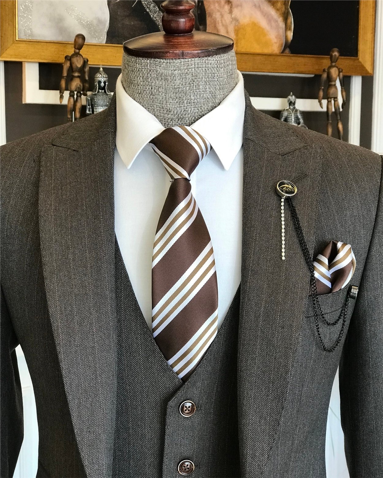 İtalyan stil slim çizgili ceket yelek pantolon takım elbise Kahverengi T6649