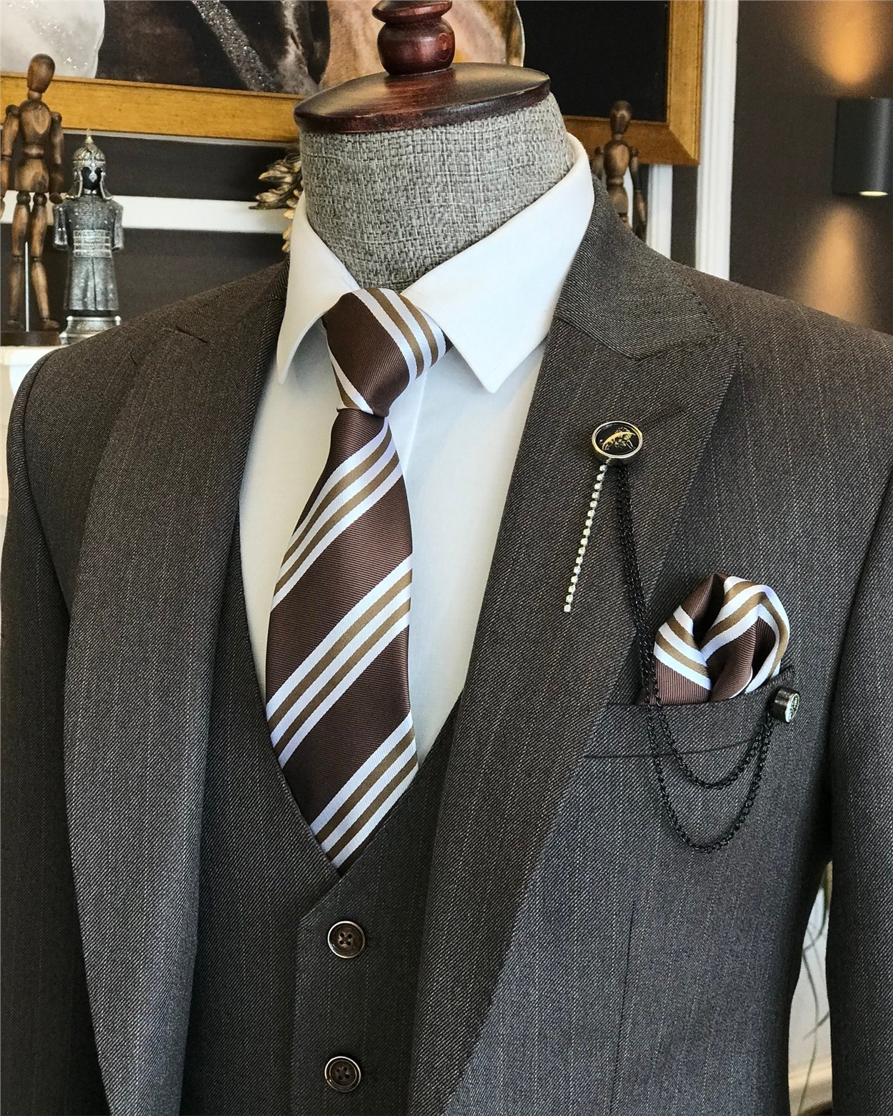 İtalyan stil slim çizgili ceket yelek pantolon takım elbise Kahverengi T6649