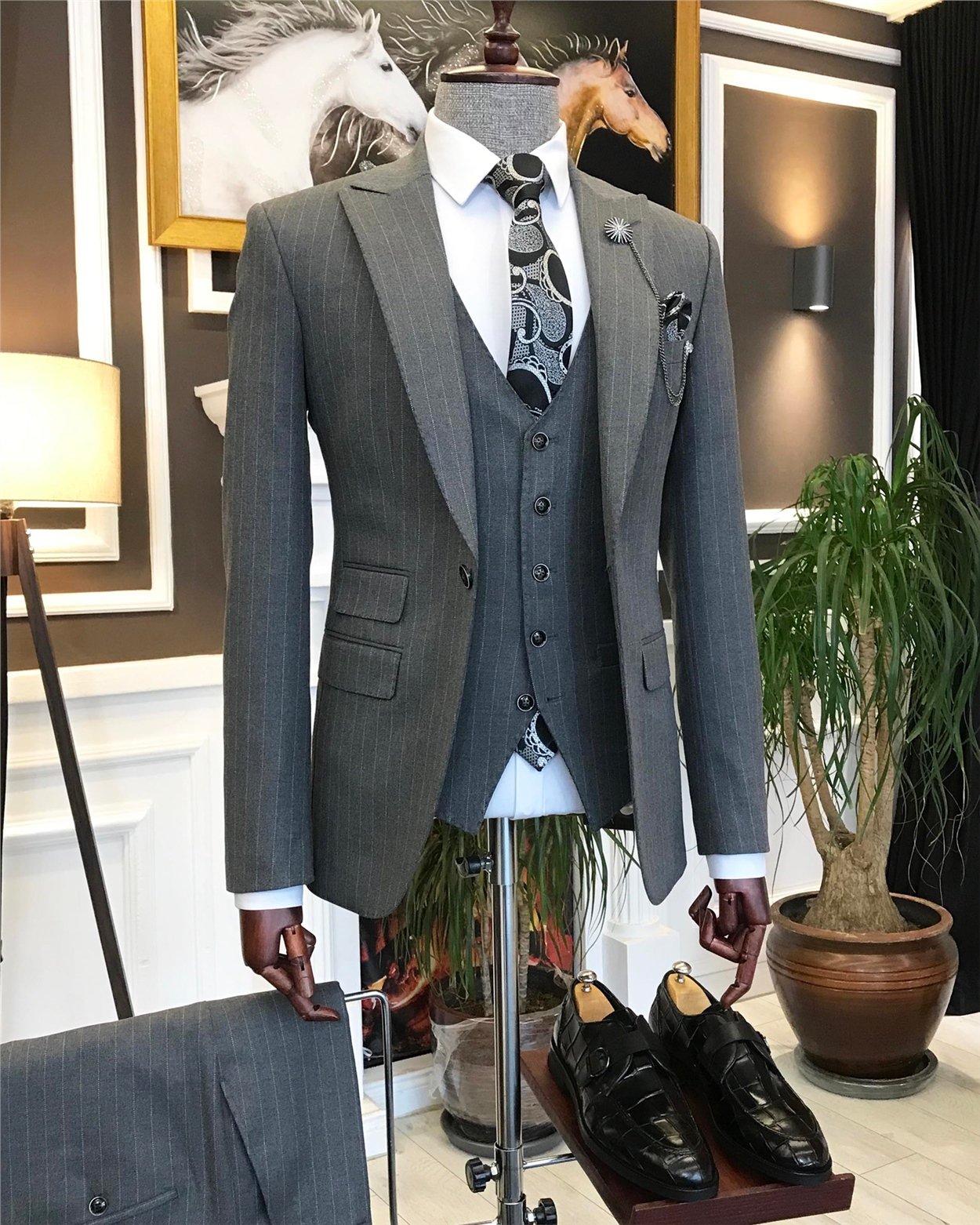 İtalyan stil slim çizgili ceket yelek pantolon takım elbise Gri T6650